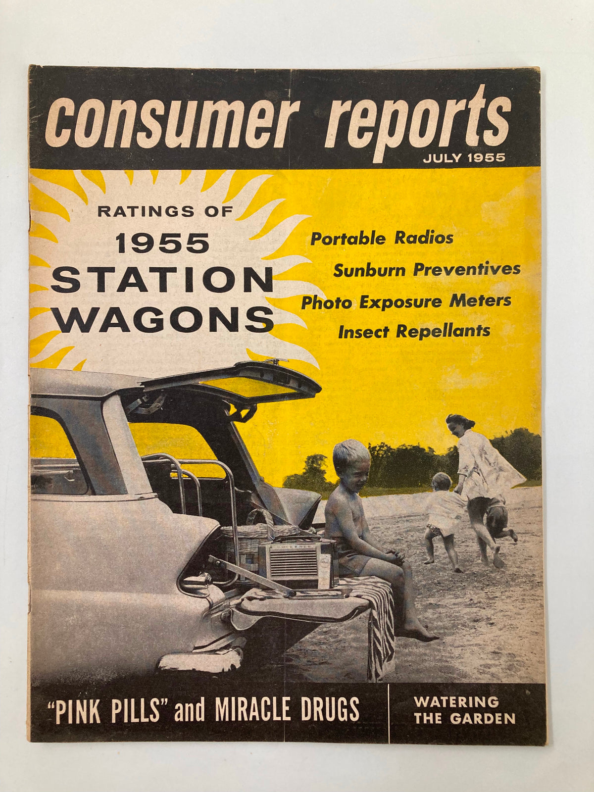 Vintage Consumer Reports magazine cover for July 1955, featuring articles on 'Pink Pills and Miracle Drugs', ratings of 1955 station wagons, and consumer product evaluations.