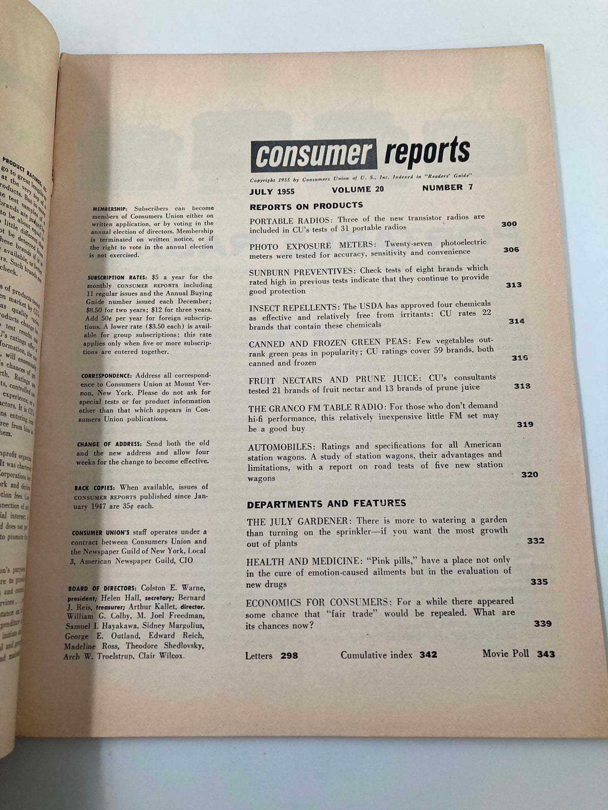 Inside page of the July 1955 Consumer Reports magazine, displaying the table of contents with articles on portable radios, sunburn preventives, and health topics including 'Pink Pills'.