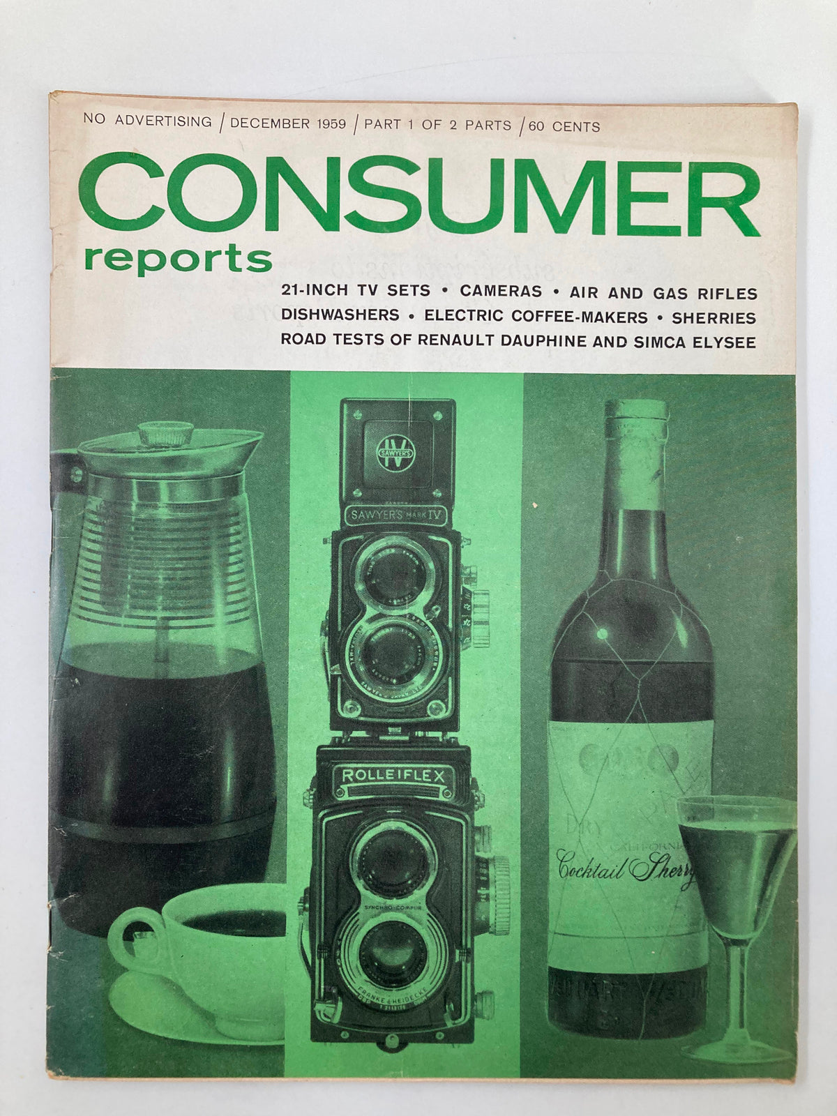VTG Consumer Reports Magazine December 1959 cover featuring the Renault Dauphine road tests, showcasing iconic retro designs and a variety of consumer products.