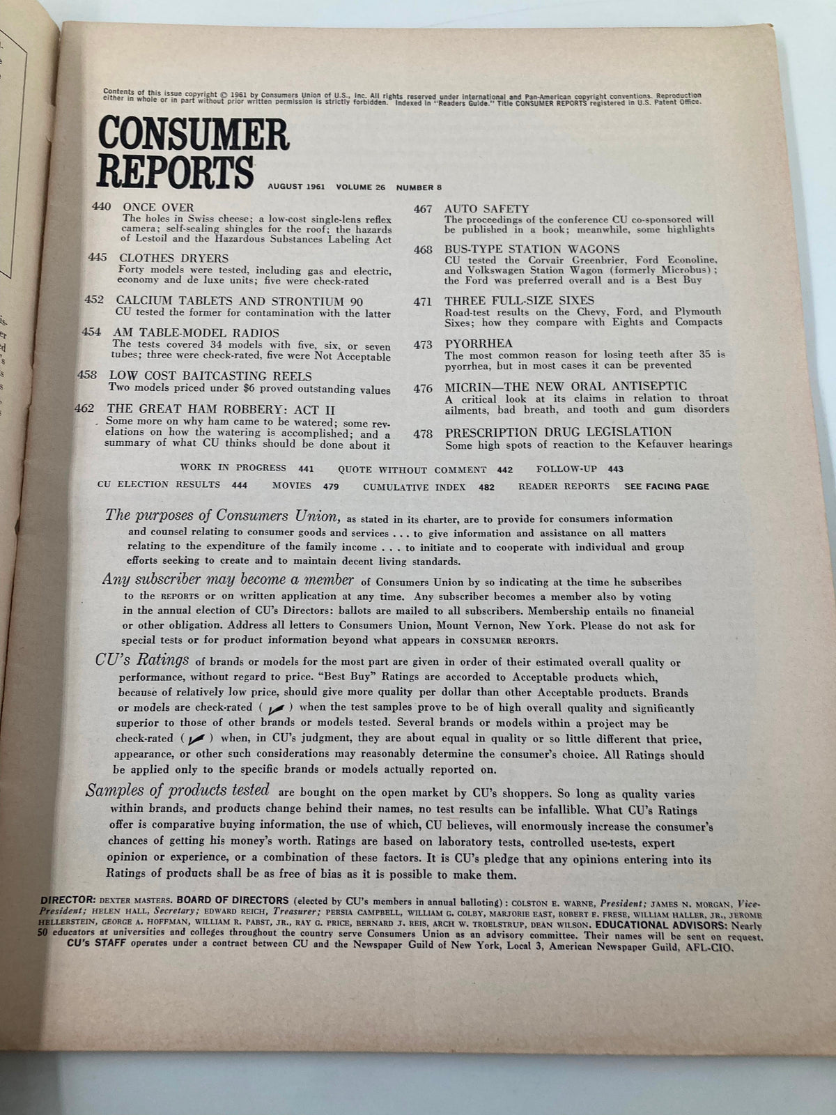Contents page of VTG Consumer Reports Magazine August 1961 providing a list of articles including those on pyorrhea, auto safety, and various consumer product evaluations.