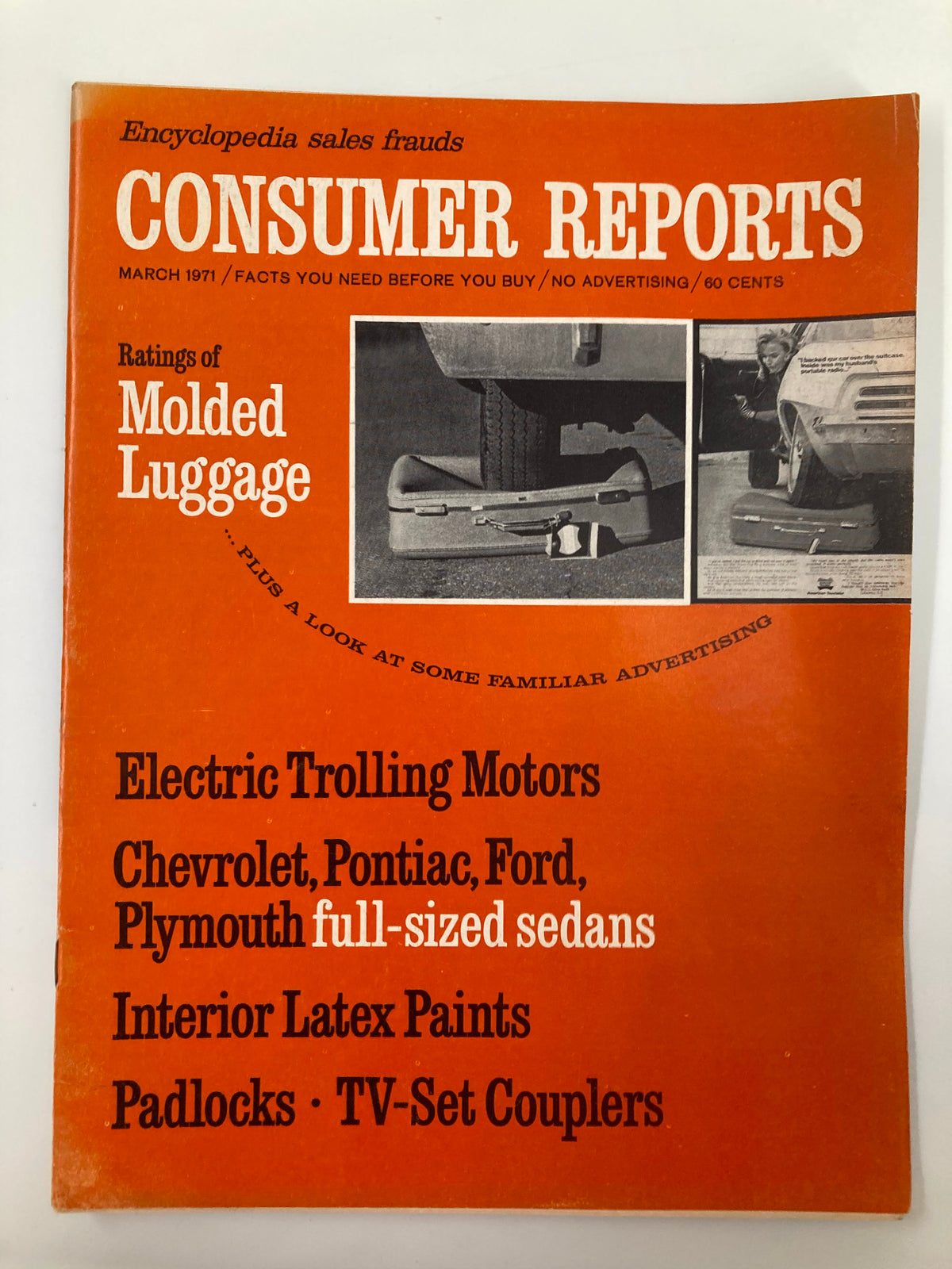 Cover of Consumer Reports Magazine from March 1971 featuring ratings of molded luggage, showcasing product reviews and consumer insights from the early 1970s.