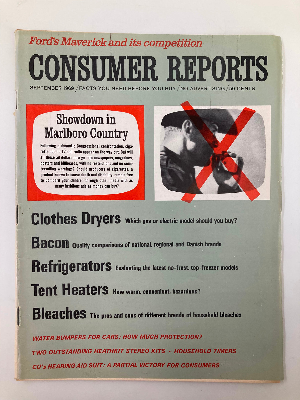 Vintage Consumer Reports Magazine September 1969 cover featuring 'Showdown in Marlboro Country' with discussions on tobacco advertising and consumer issues.