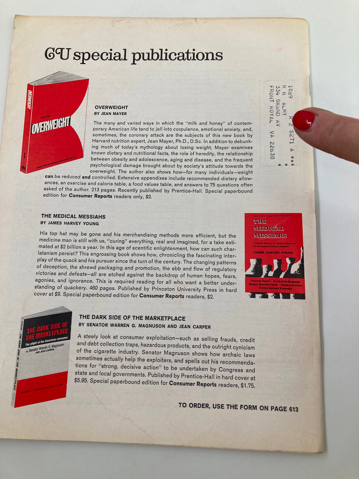 Back cover of VTG Consumer Reports Magazine from October 1969, featuring advertisements for various publications including 'Overweight' by Jean Mayer, 'The Medical Messiah' by James Harvey Young, and 'The Dark Side of the Marketplace' by Senator Warren G. Magnuson and Jean Carper.