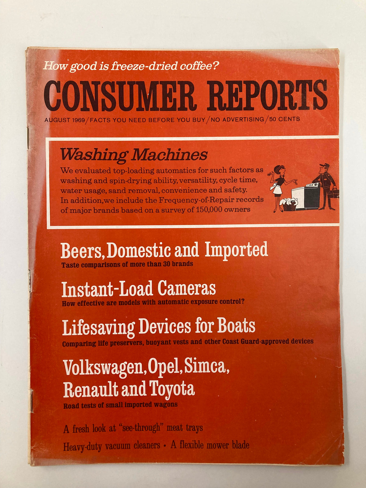 Cover of the Consumer Reports Magazine from August 1969, featuring articles on domestic and imported beers, washing machines, and more, showcasing its vintage appeal.