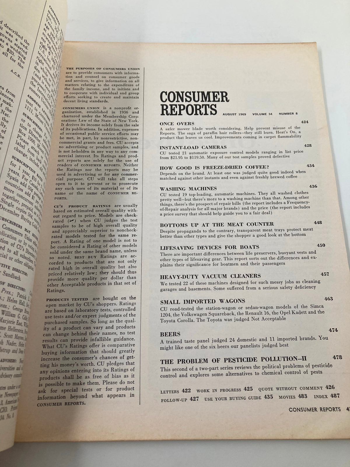 Interior page of the August 1969 Consumer Reports Magazine, listing various topics including beers, washing machines, and consumer evaluations, reflecting the publication's historical significance.