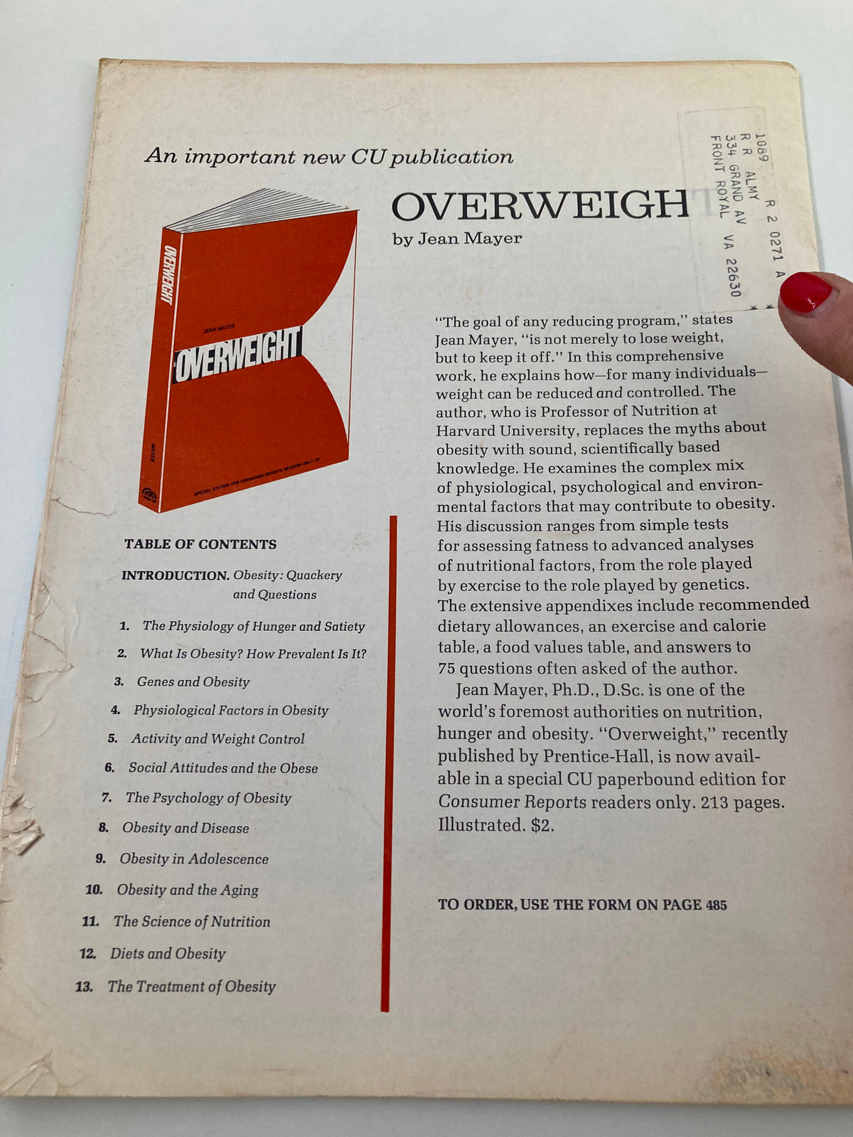 Back cover of the Consumer Reports Magazine from August 1969, promoting an important publication on obesity, demonstrating the magazine's diverse range of topics.