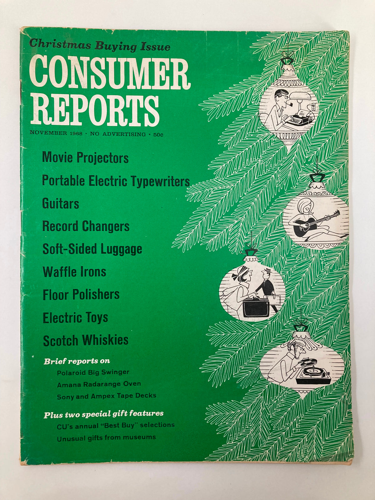 Cover of VTG Consumer Reports Magazine November 1968 featuring Portable Electric Typewriters, Movie Projectors, Guitars, and various other consumer goods alongside festive holiday decorations.