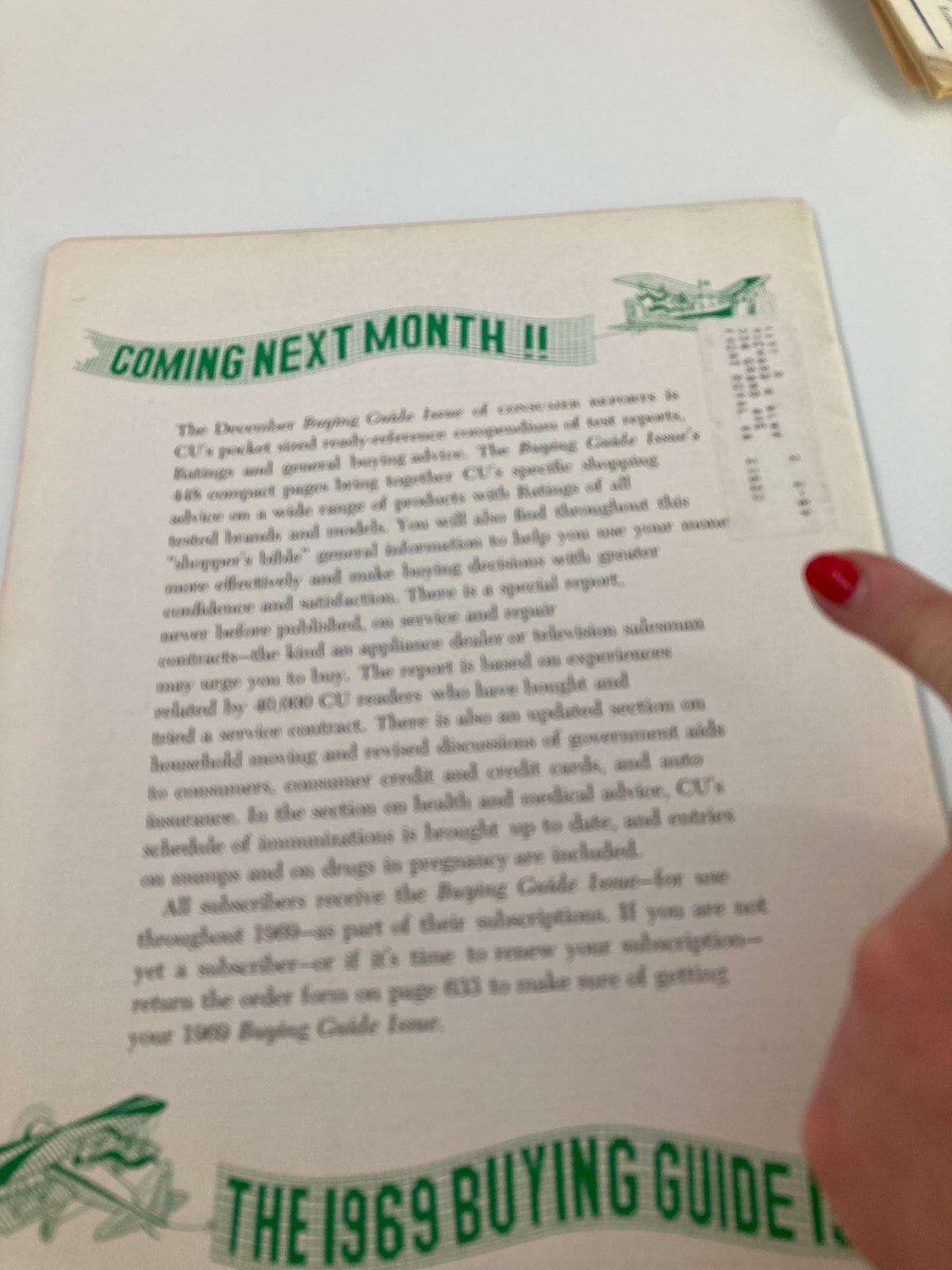 Back cover of VTG Consumer Reports Magazine November 1968 featuring an announcement for the upcoming Buying Guide issue and a description of its content.