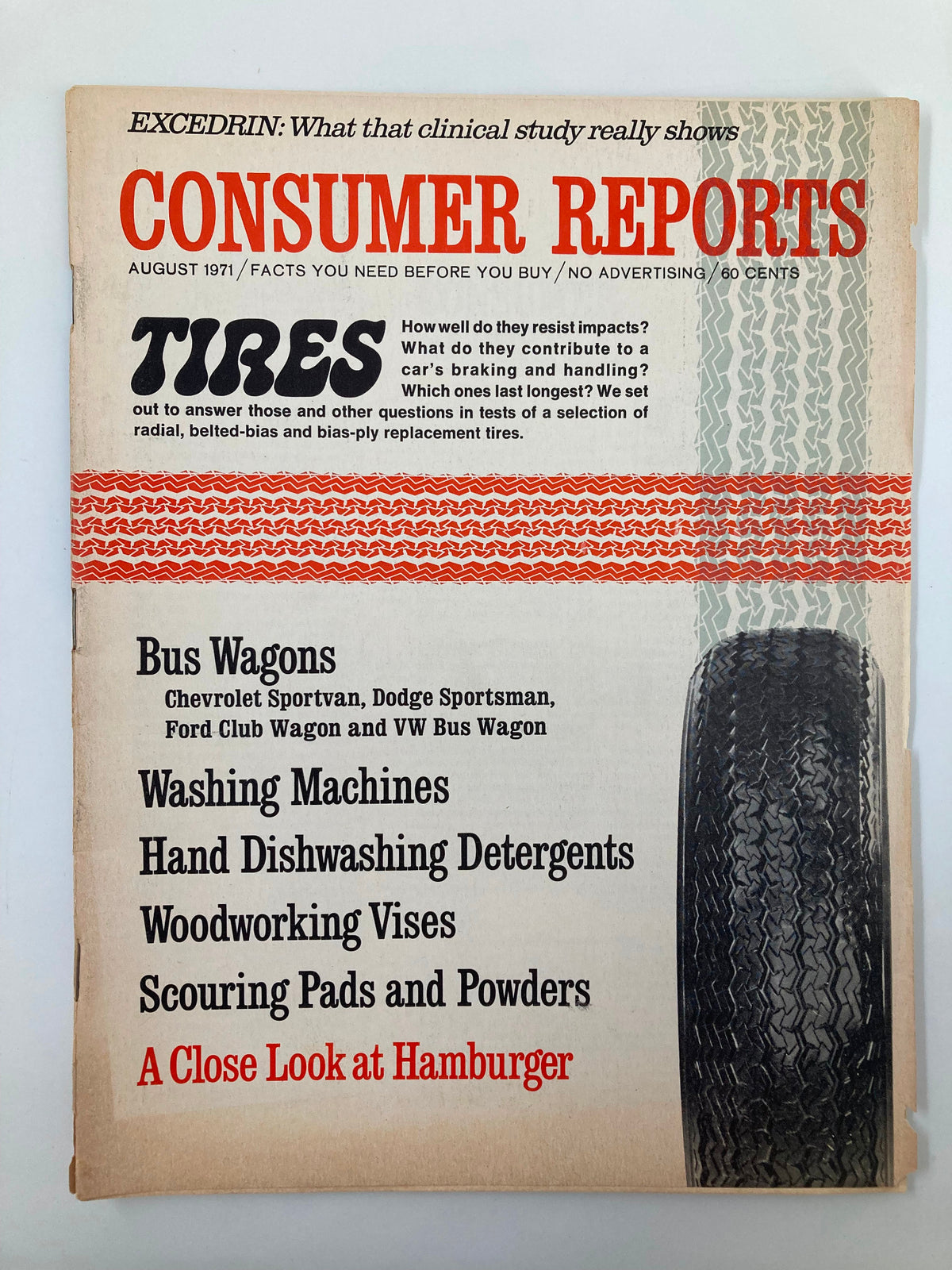 Cover of Consumer Reports Magazine from August 1971 titled 'A Close Look at Hamburger', featuring various product reviews including tires, washing machines, and consumer advocacy.