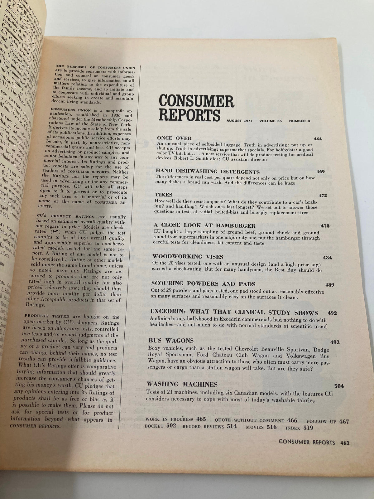 Contents page of Consumer Reports Magazine August 1971, listing articles including 'A Close Look at Hamburger' and reviews of household products, highlighting the magazine's focus on consumer goods.