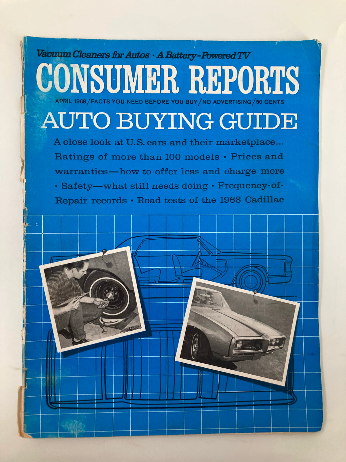 Cover of the VTG Consumer Reports Magazine April 1968 featuring the title 'AUTO BUYING GUIDE'. The magazine includes photos of a man working on a car wheel and a side view of a classic car, reflecting the U.S. car market of the time.