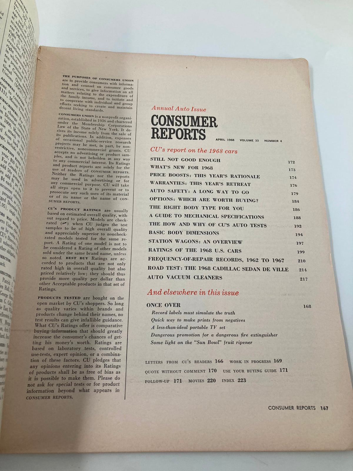 Interior page of VTG Consumer Reports Magazine April 1968 featuring an index and articles related to U.S. cars and consumer insights. Highlights include various topics on automotive safety, specifications, and vehicle recommendations.