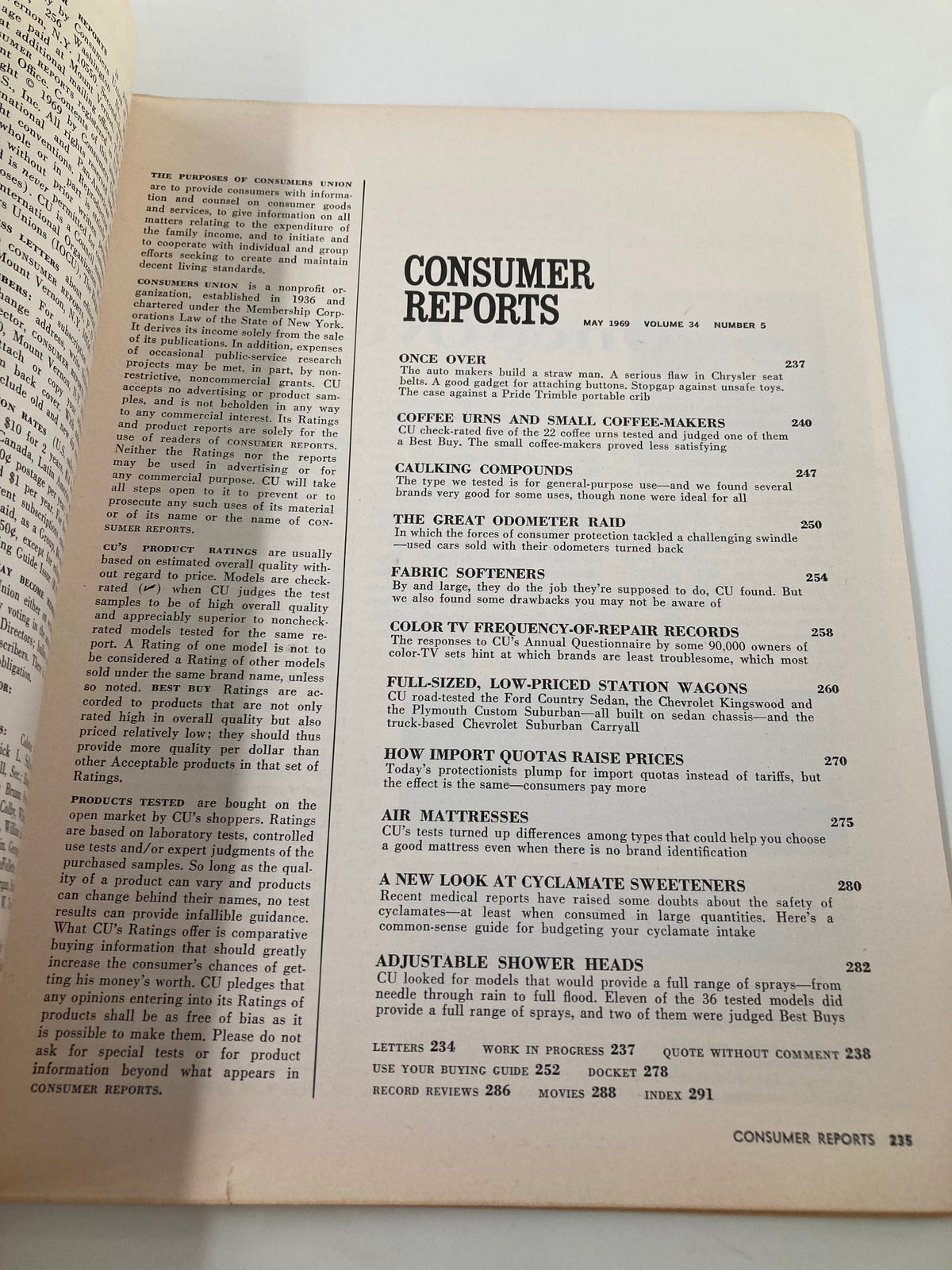 Interior page of VTG Consumer Reports Magazine May 1969, showcasing coffee urns and small coffee-makers review section with detailed product testing insights.