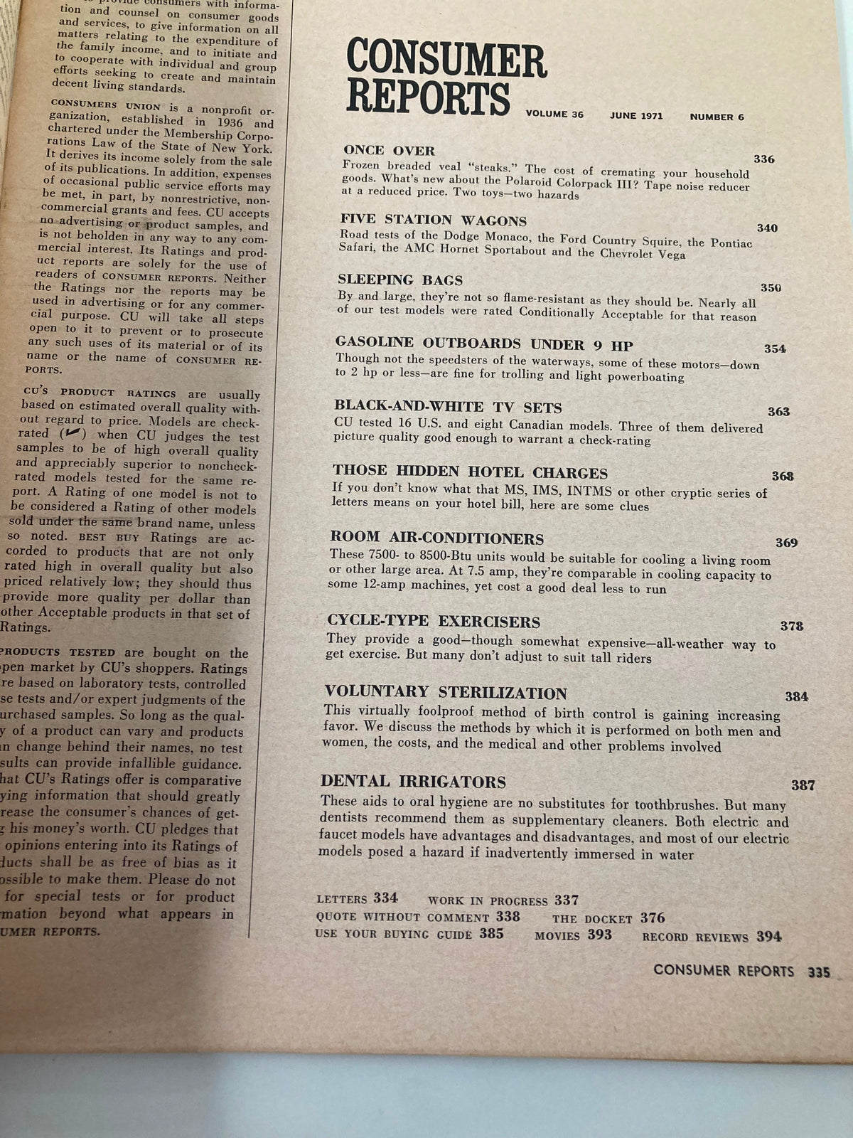 Inside page of the VTG Consumer Reports Magazine June 1971 showing table of contents and article highlights including gasoline outboards under 9 horsepower.