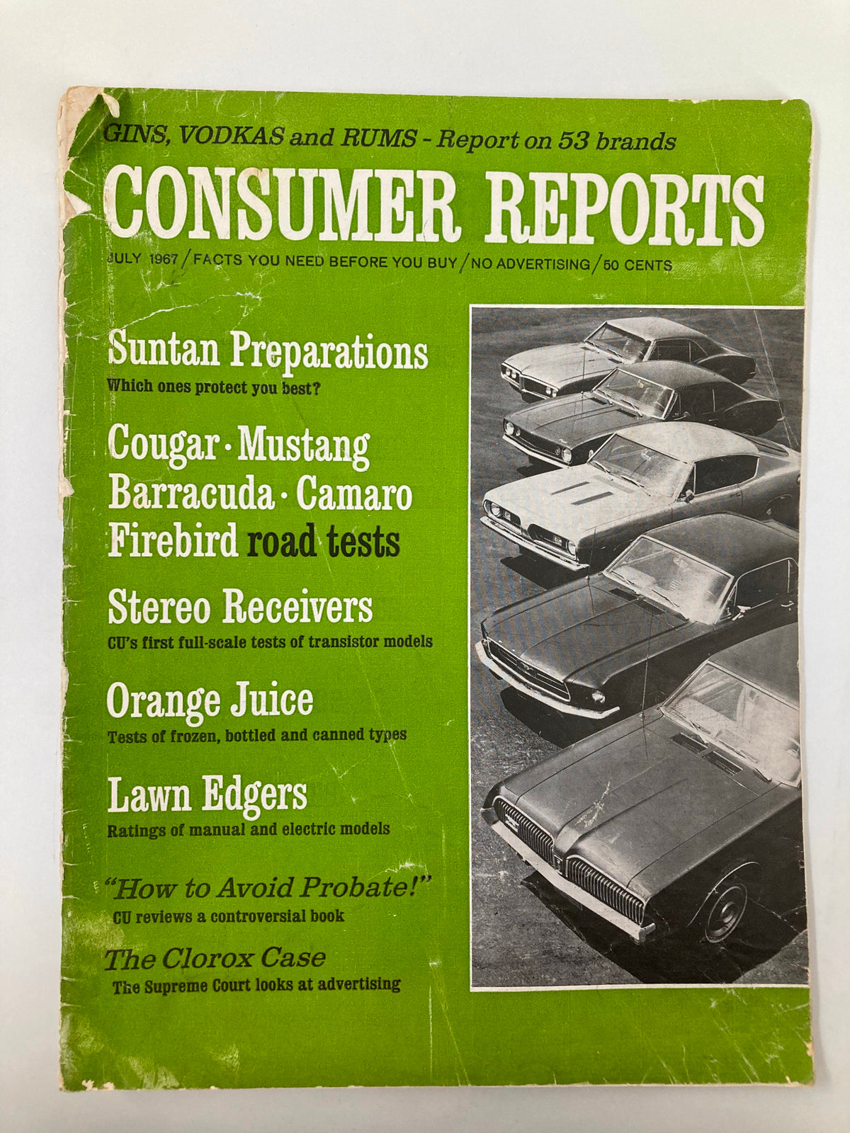 Cover image of VTG Consumer Reports Magazine from July 1967 featuring Cougar, Mustang, Barracuda, Camaro, and Firebird, showcasing automotive culture of the 1960s.