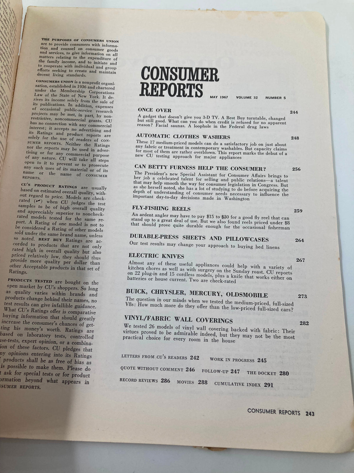 Interior page of the May 1967 Consumer Reports Magazine listing contents including Durable-Press Sheets and Pillowcases, detailing product ratings from the era.