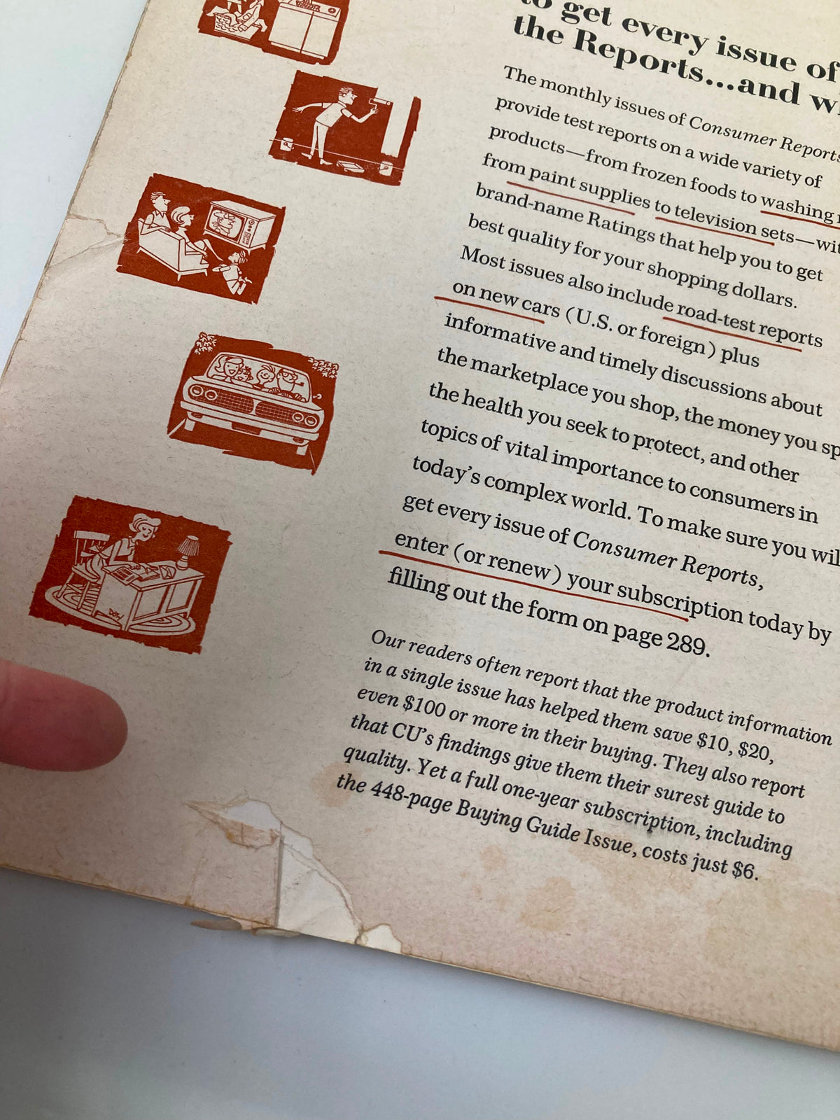 Close-up of the back cover of the May 1967 Consumer Reports Magazine, emphasizing subscription information and consumer savings tips related to Durable-Press Sheets and Pillowcases.
