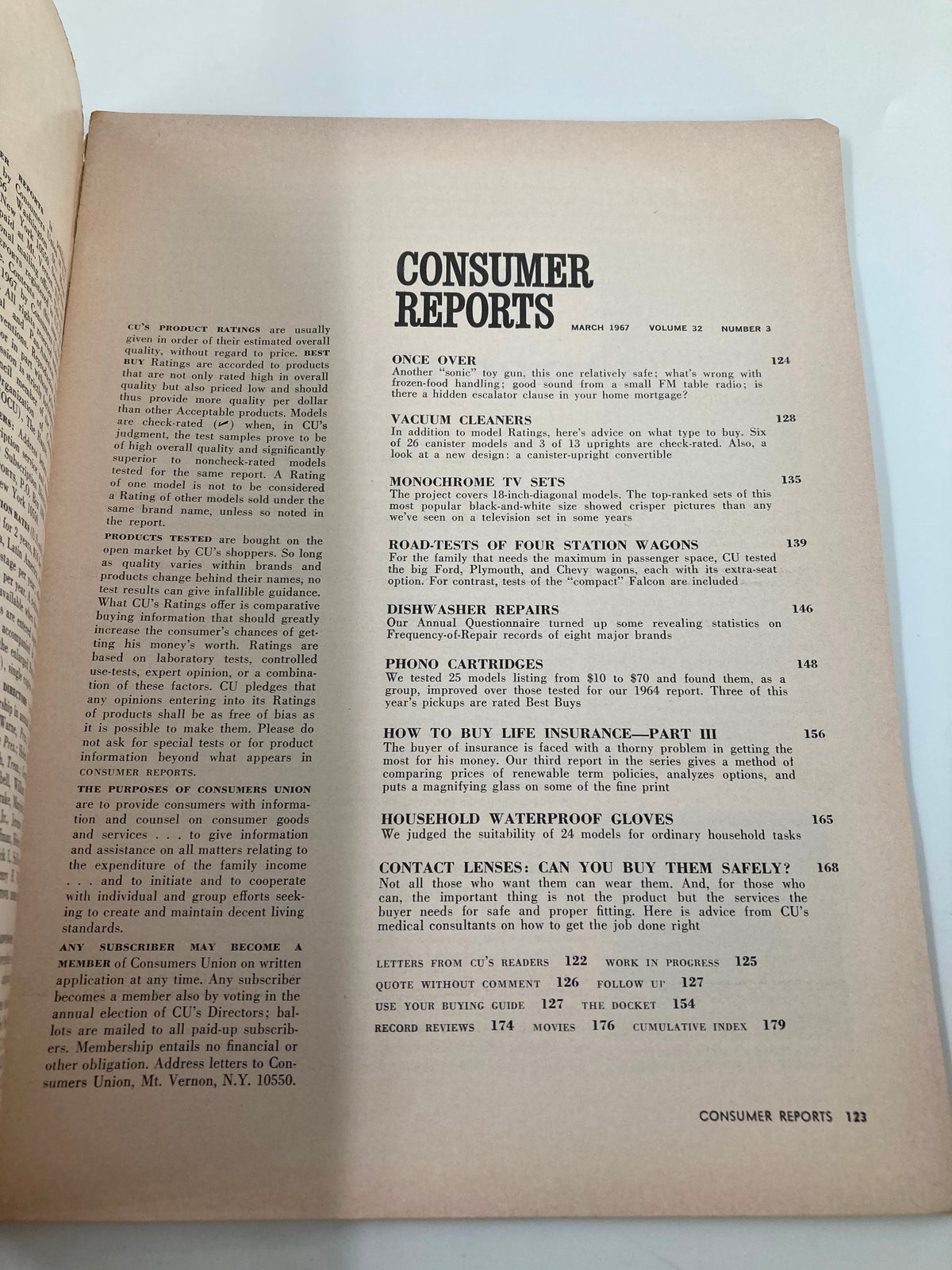 Inside page of the VTG Consumer Reports Magazine March 1967 showcasing the table of contents, including features on vacuum cleaners, television sets, and life insurance.