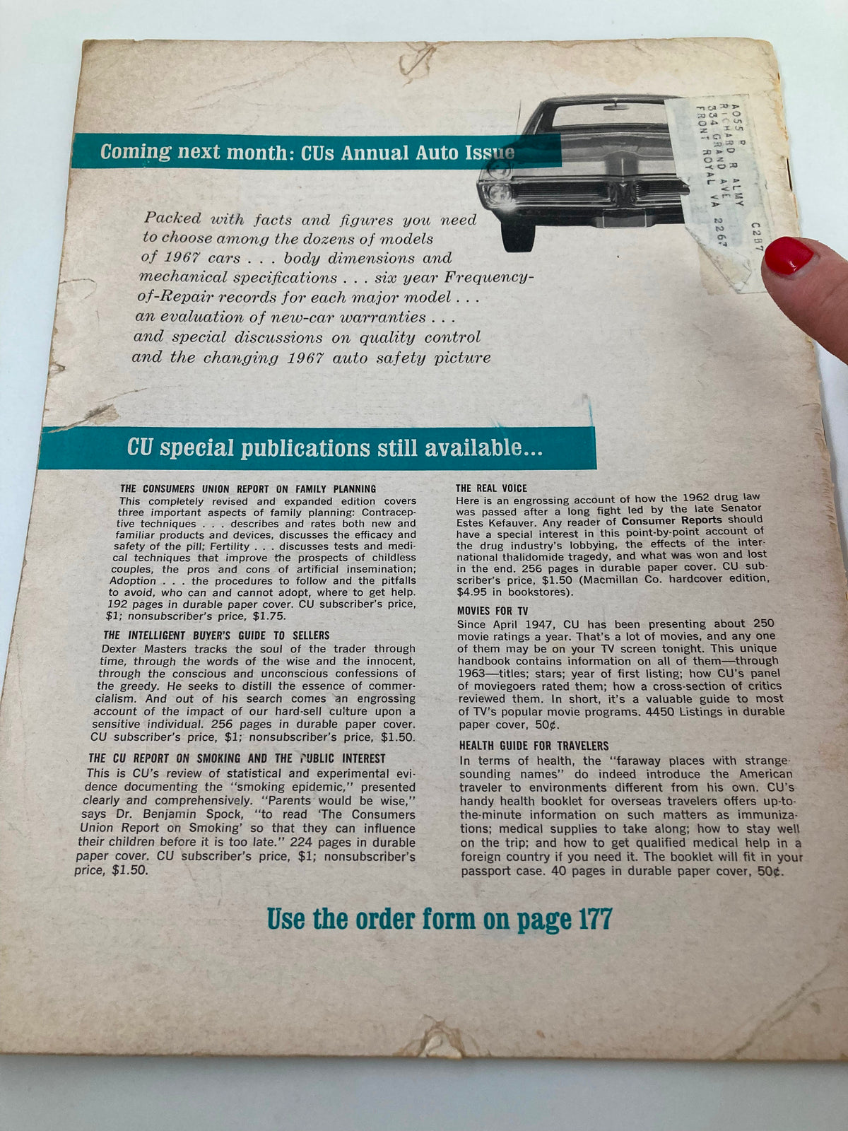 Back cover of the VTG Consumer Reports Magazine March 1967, highlighting upcoming features in the next issue and special CU publications.
