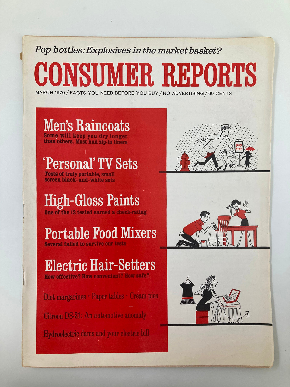 Cover of the VTG Consumer Reports Magazine March 1970 featuring articles on Men's Raincoats, Personal TV Sets, High-Gloss Paints, Portable Food Mixers, and Electric Hair-Setters.