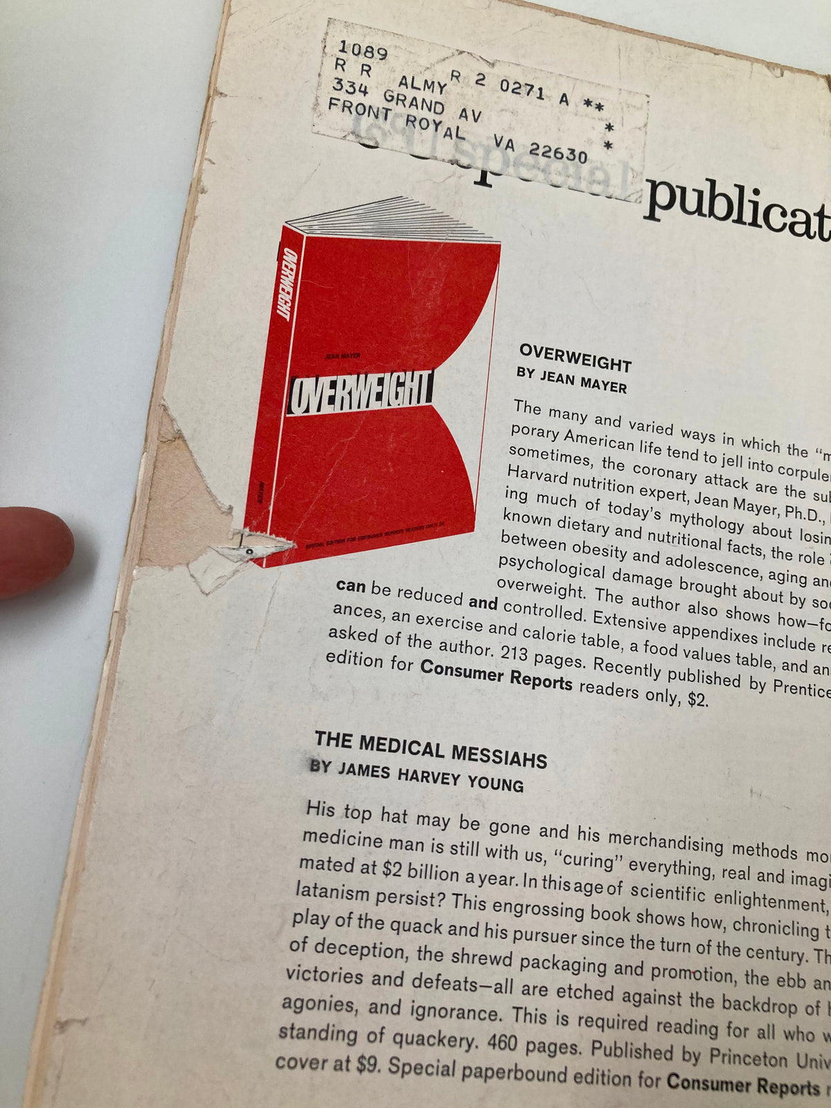 Back cover of March 1970 Consumer Reports magazine, displaying contents including 'Overweight' by Jean Mayer and 'The Medical Messiahs' by James Harvey Young.