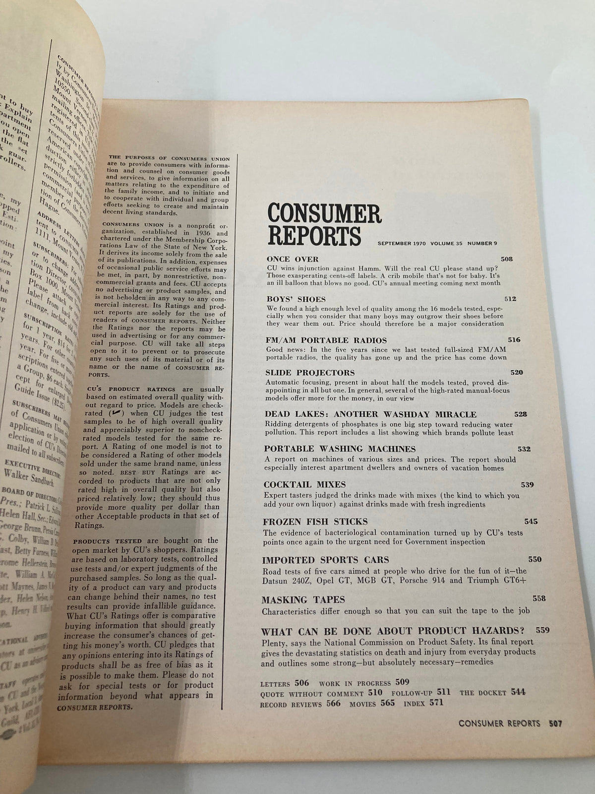 Inside page of the September 1970 Consumer Reports magazine displaying an article index and sections covering automotive products, including imported sports cars like Datsun, MG, and Triumph among others.