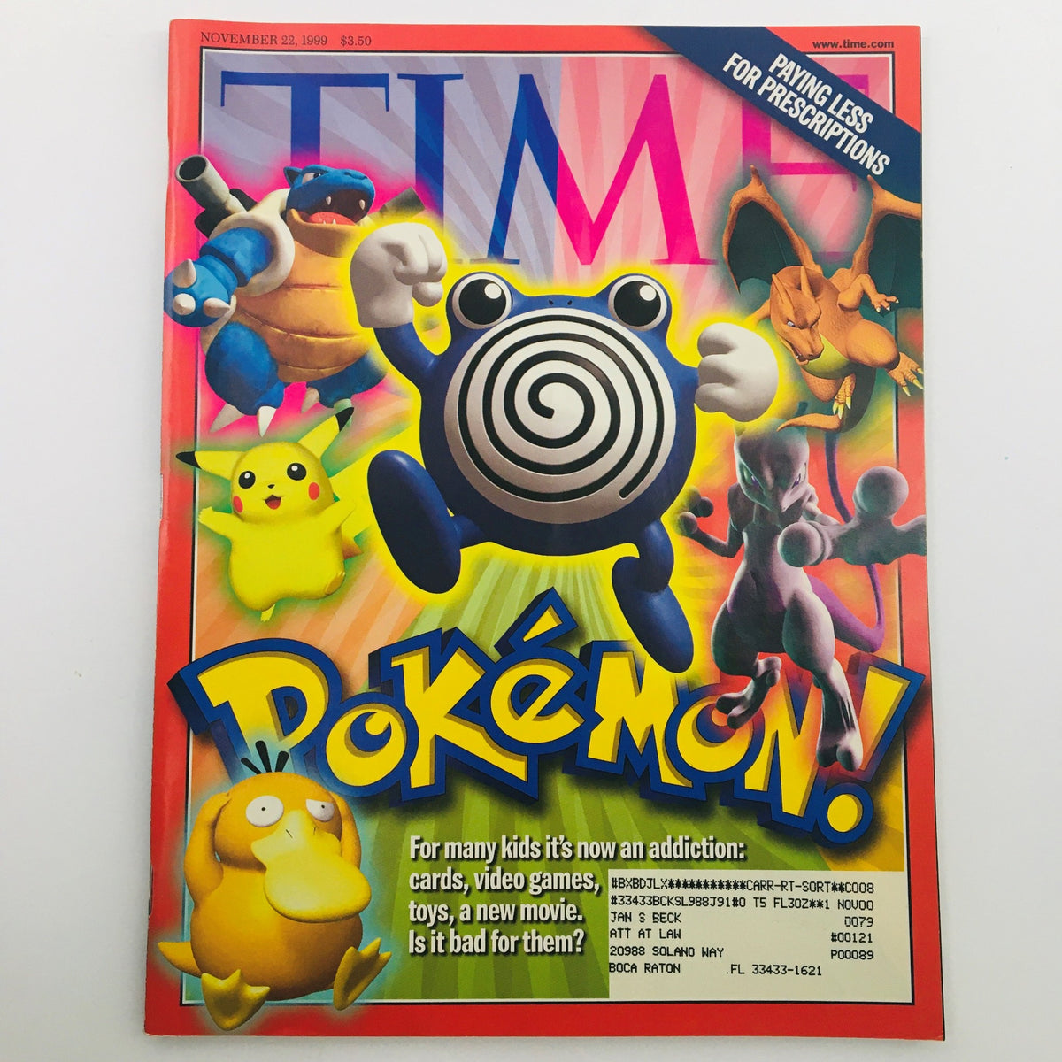 Cover of Time Magazine, November 22, 1999, Vol. 154, No. 21, featuring 'Pokémon: It's Now An Addiction,' VG condition
