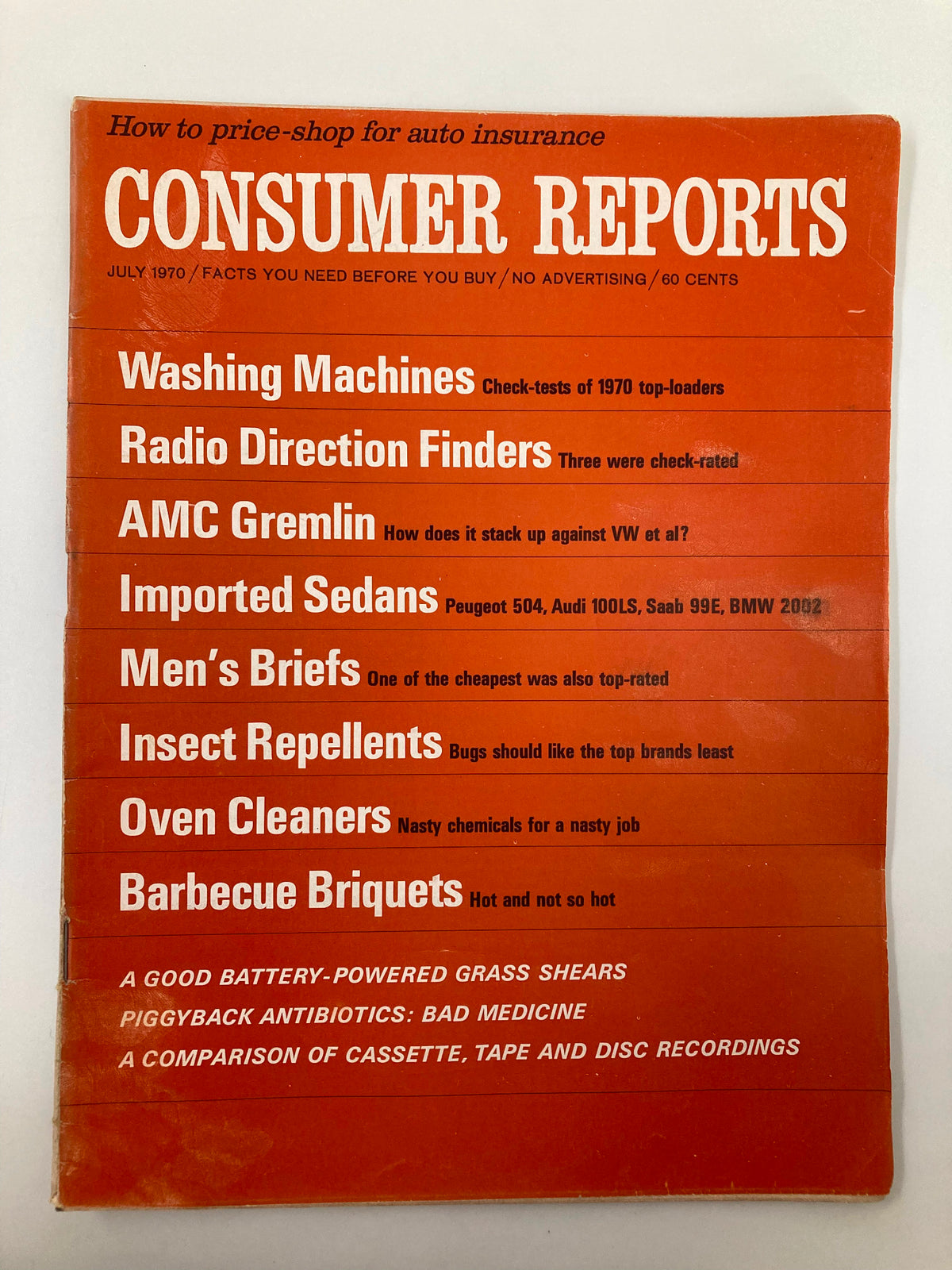 Vintage Consumer Reports Magazine from July 1970 featuring a selection of product reviews, including a good battery-powered grass shears, showcased prominently on its cover.
