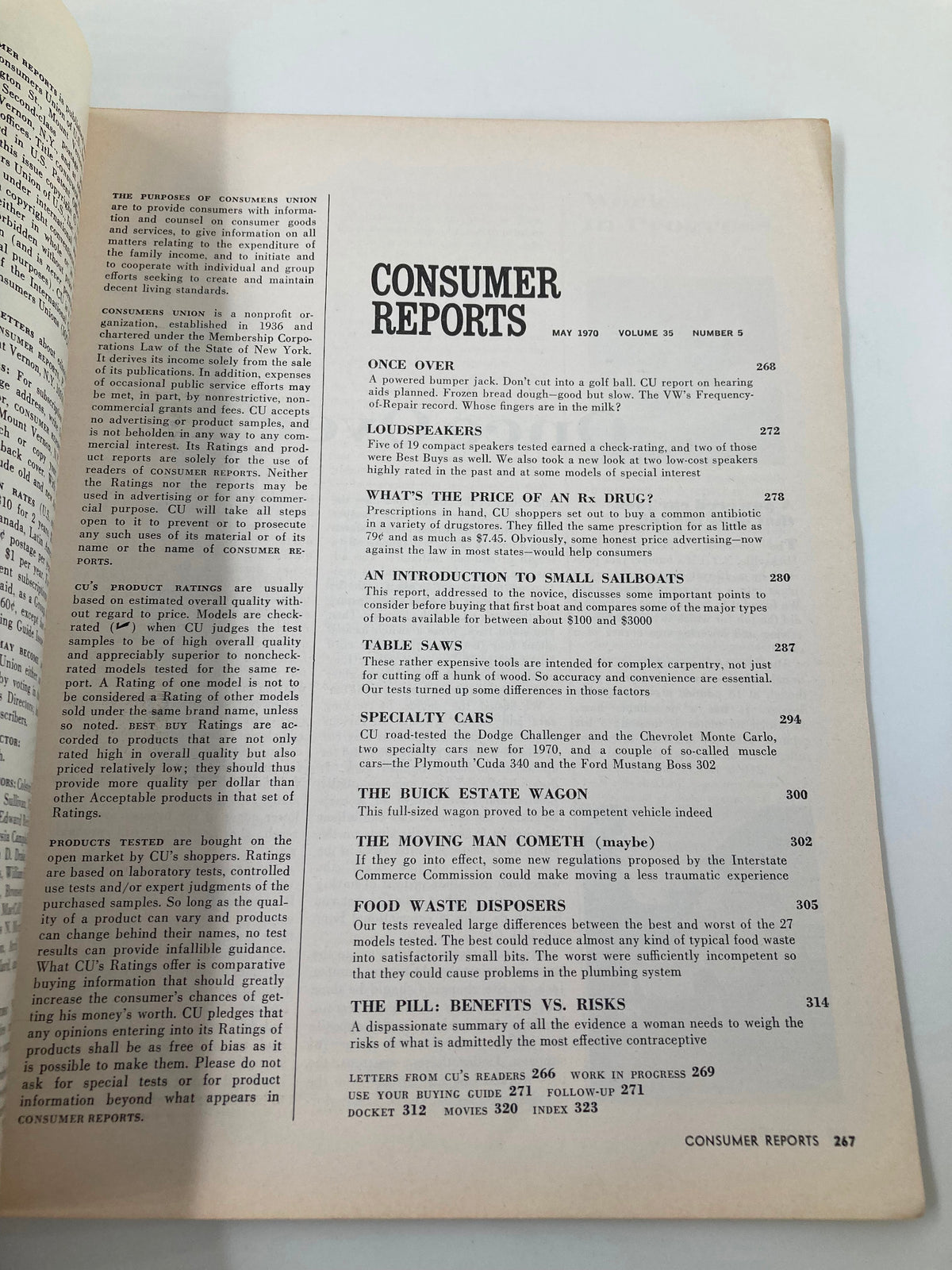 Interior page of the May 1970 Consumer Reports Magazine detailing articles on loudspeakers, food waste disposers, and product insights with consumer ratings.