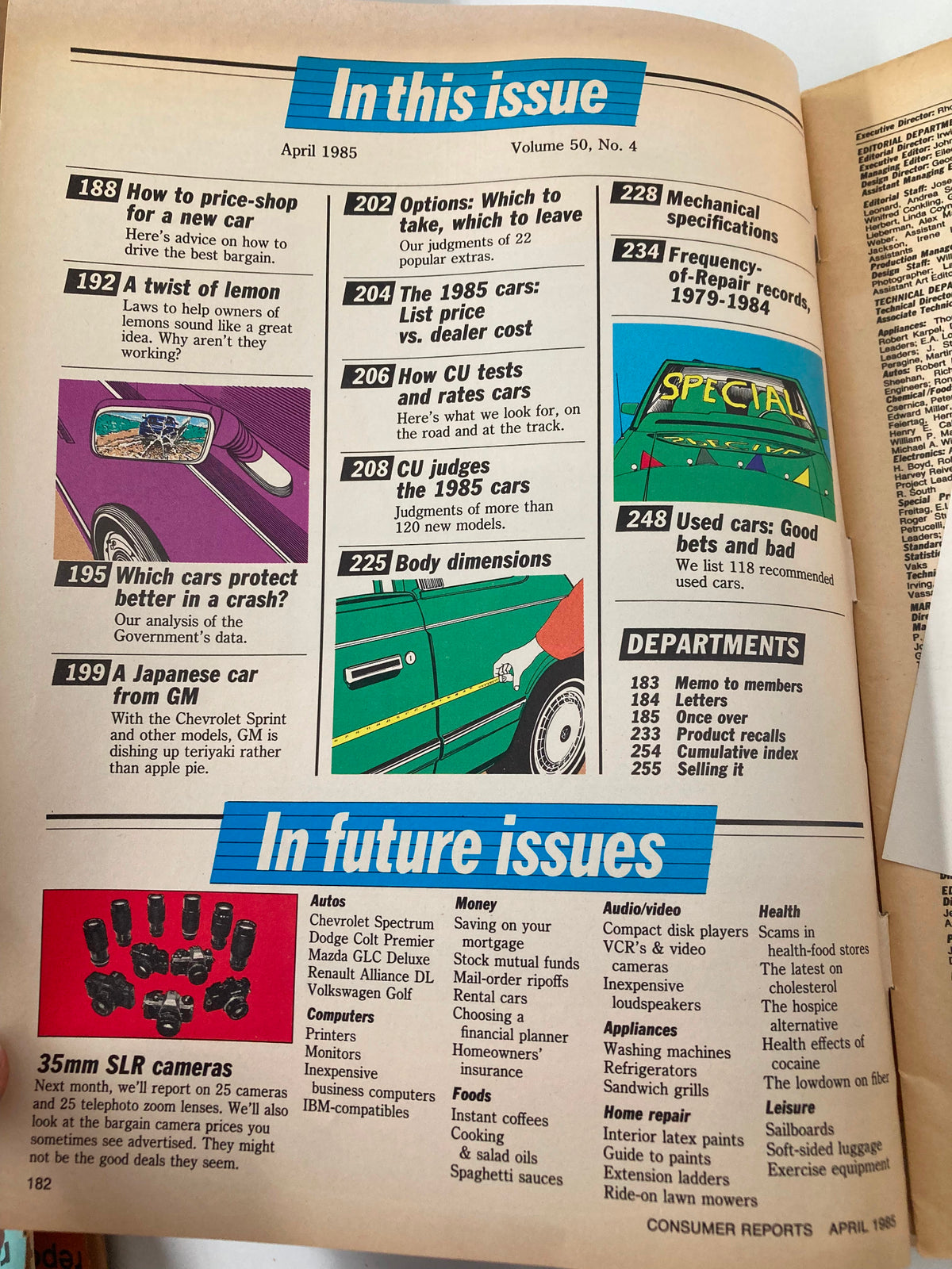 Table of contents from Consumer Reports Magazine April 1985, outlining articles on pricing, car safety, and vehicle evaluations, showcasing the informative nature of the publication.