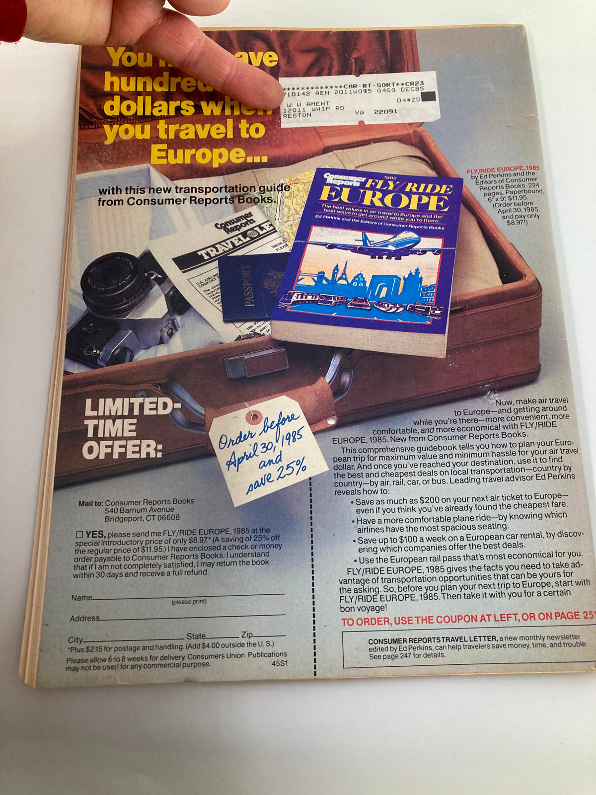 Back cover of Consumer Reports Magazine April 1985 promoting a special transportation guide 'Fly/Ride Europe,' with travel tips and an order form.