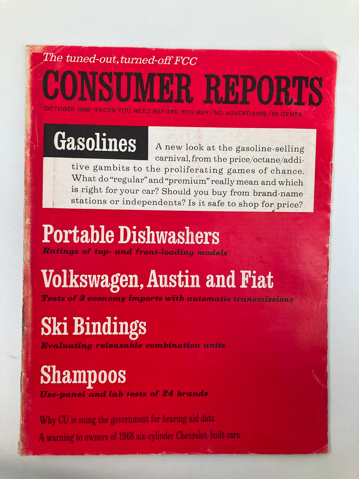 Cover of VTG Consumer Reports Magazine, October 1968, featuring articles on Volkswagen, Austin, and Fiat tests, along with sections on gasoline and portable dishwashers.