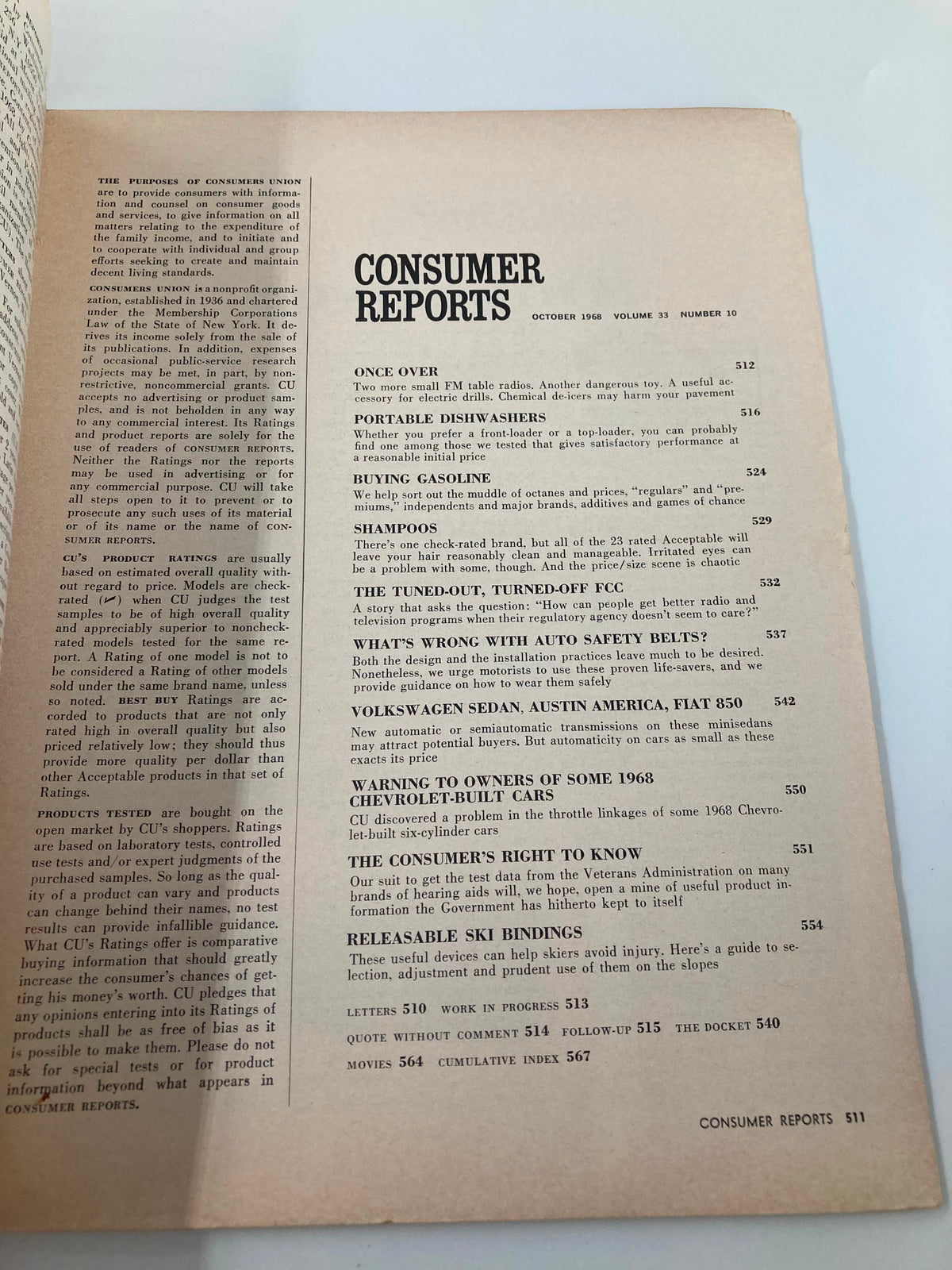 Inside page of VTG Consumer Reports Magazine, October 1968, displaying the table of contents including tests on Volkswagen, Austin, and Fiat vehicles.