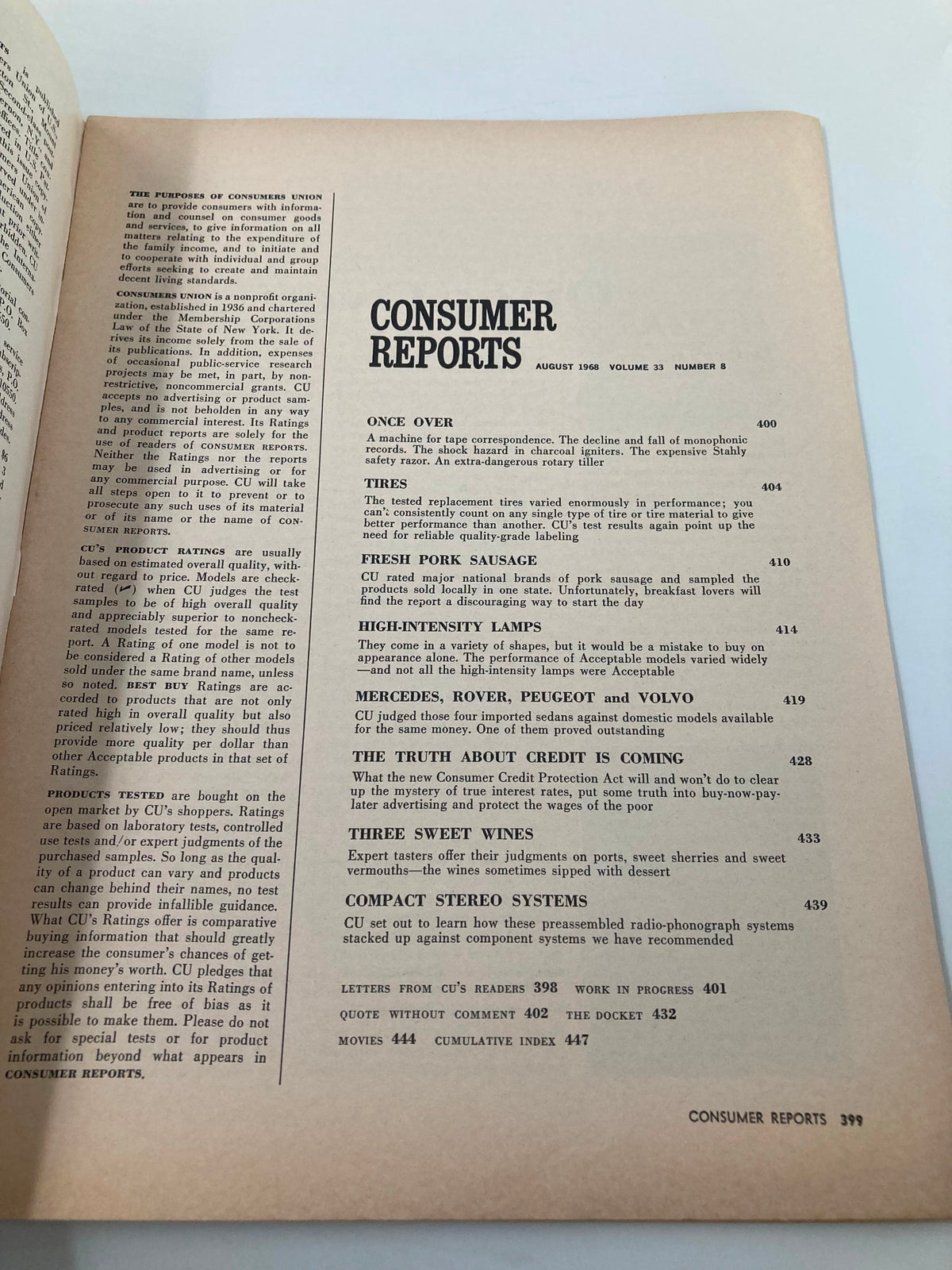 Inside page of VTG Consumer Reports Magazine August 1968 detailing the contents and features including ratings of products and articles on fresh pork sausage and sweet wines.