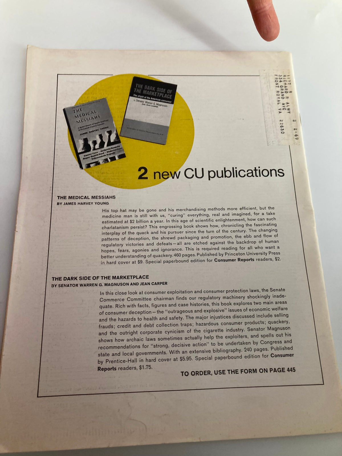 Back cover of the VTG Consumer Reports Magazine August 1968 featuring advertisements for two new CU publications: 'The Medical Messiahs' and 'The Dark Side of the Marketplace.'