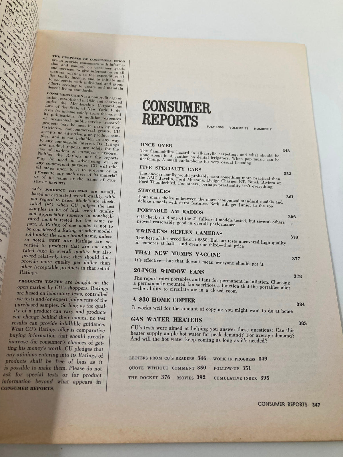 Content page from VTG Consumer Reports Magazine July 1968 listing topics including specialty cars, portable radios, and reviews of Ford Mustang, Javelin, and Charger.