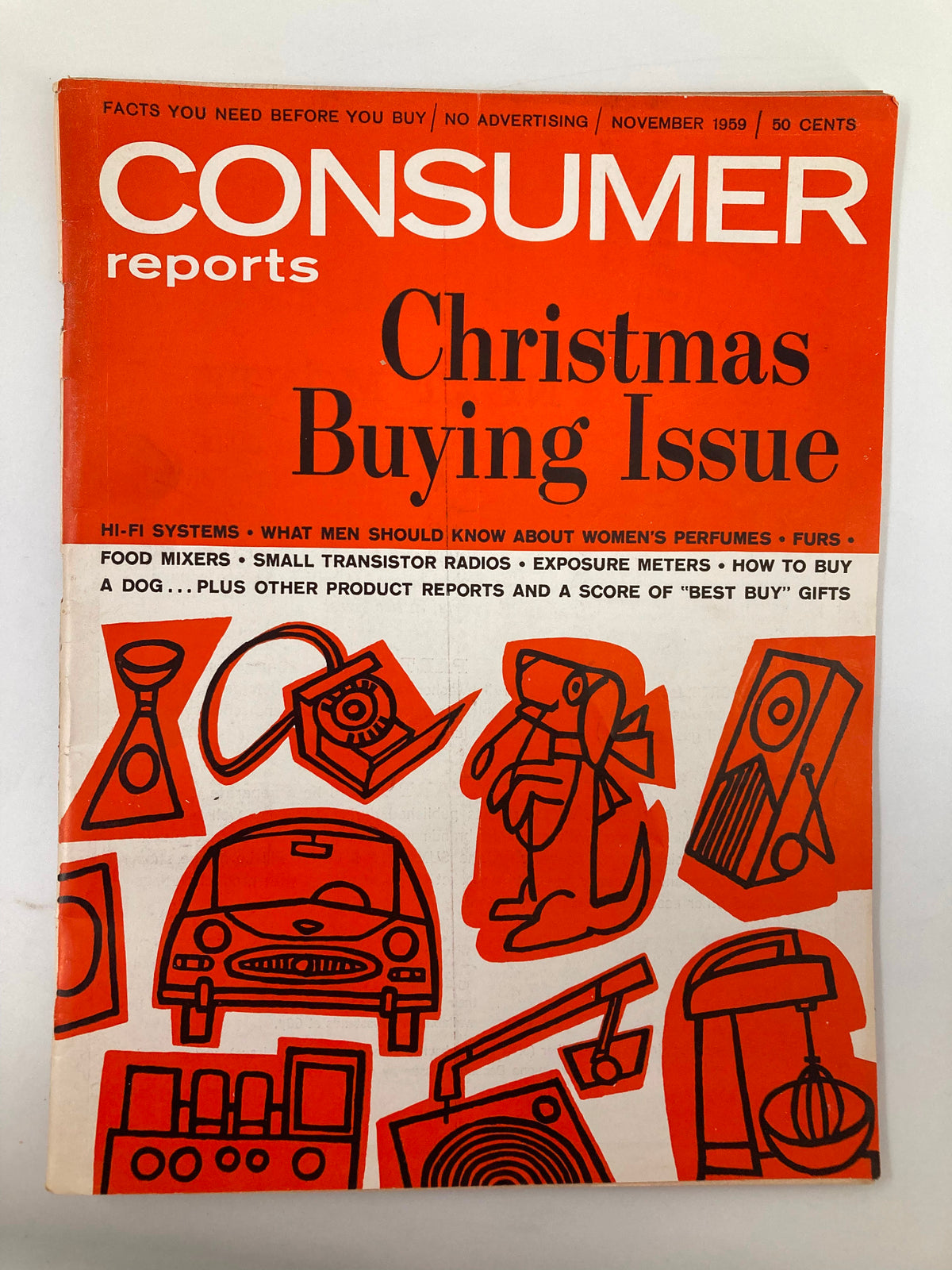 VTG Consumer Reports Magazine November 1959 Christmas Buying Issue cover featuring vibrant orange design with illustrations of holiday gifts and products.