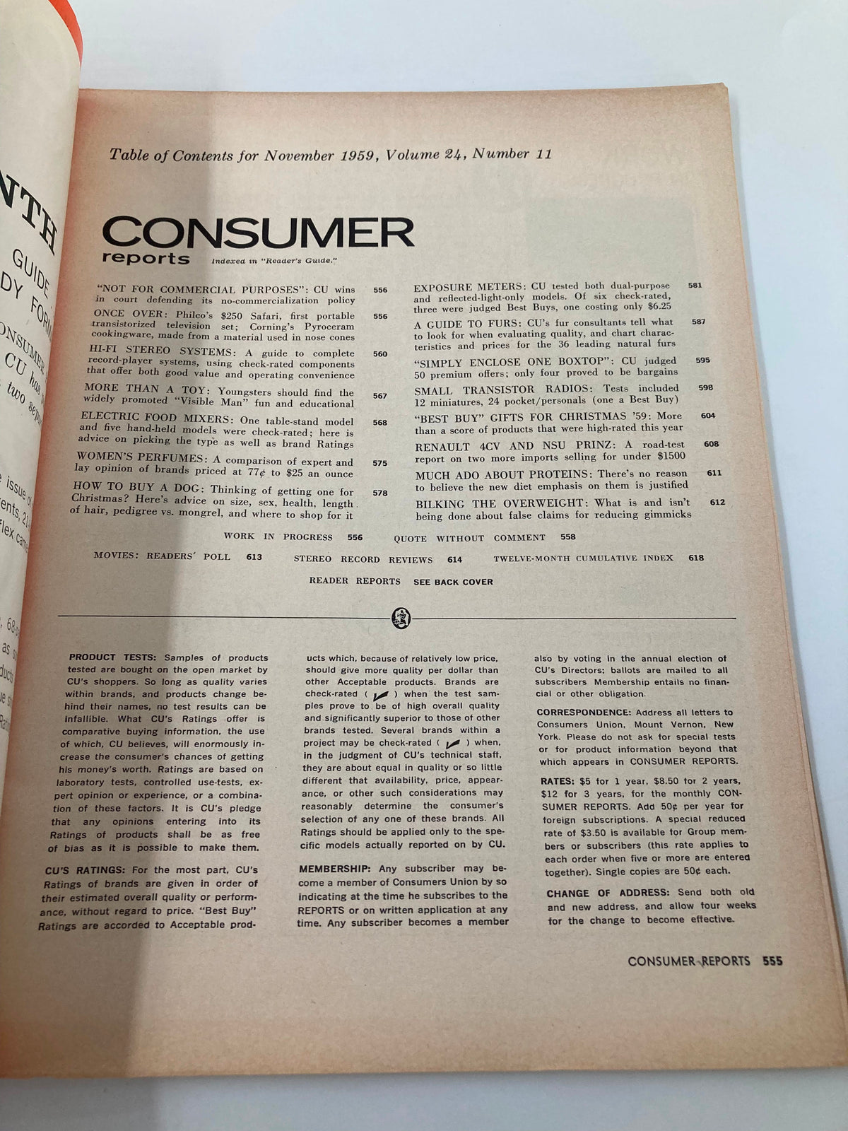 Inside page of VTG Consumer Reports Magazine November 1959 Christmas Buying Issue showing the table of contents and features for the month.