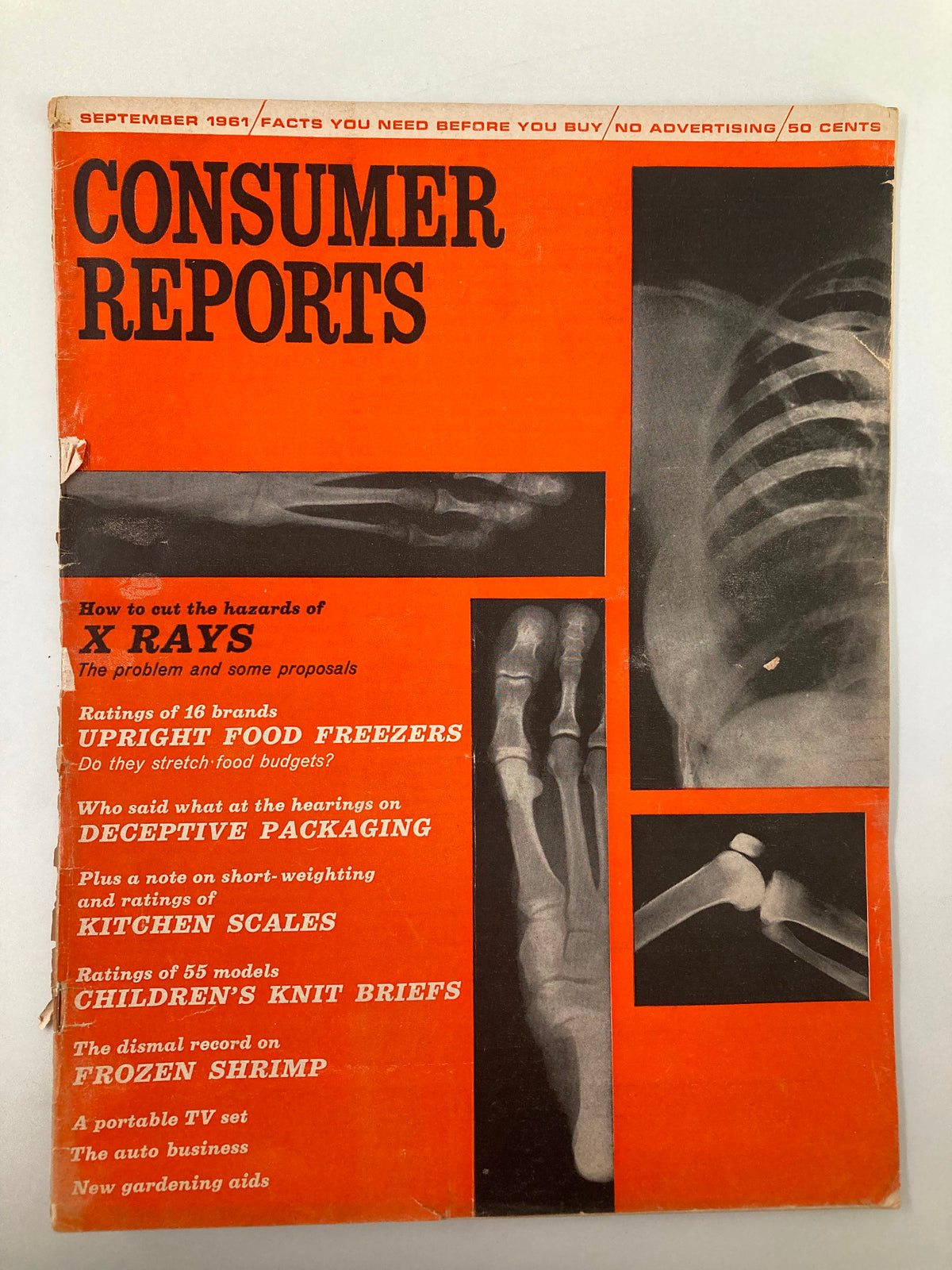 Cover of VTG Consumer Reports Magazine September 1961 featuring the title 'How To Cut The Hazards of X-Rays' along with advertisements and articles.