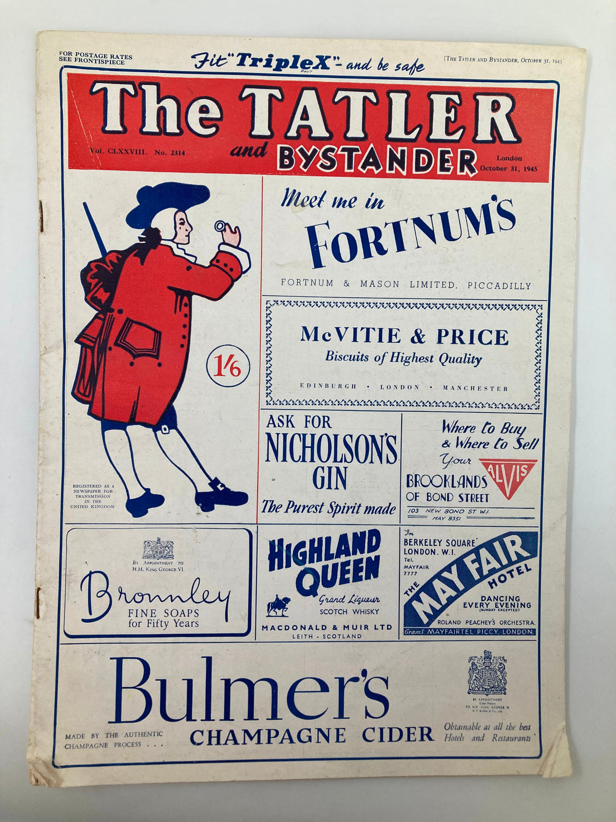 Cover of The Tatler and Bystander Magazine, October 31, 1945, featuring a vintage illustration and advertisements. This edition includes mentions of Hugh Frazer and Lady Stanley, offering a glimpse into post-war British society.