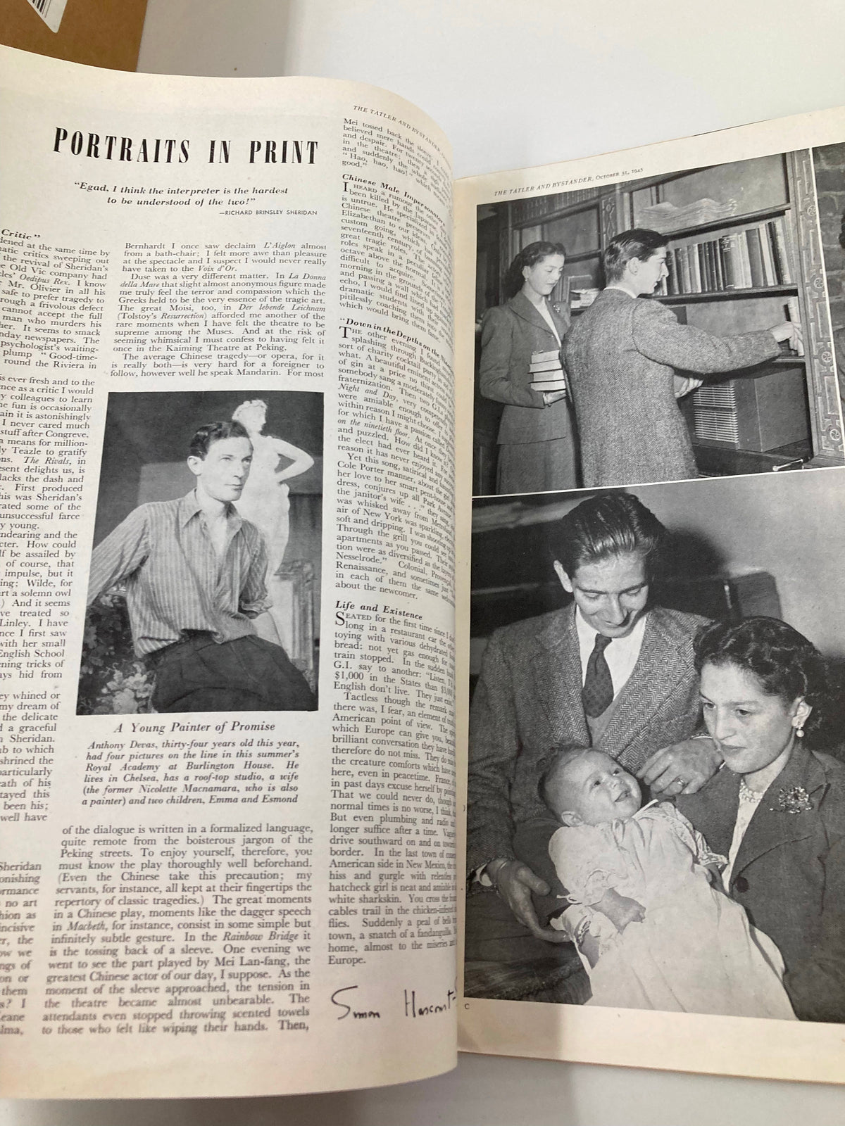 Interior page of The Tatler and Bystander Magazine, October 31, 1945, showcasing an article titled 'Portraits in Print' along with photographs from the era, reflecting mid-20th century British culture.