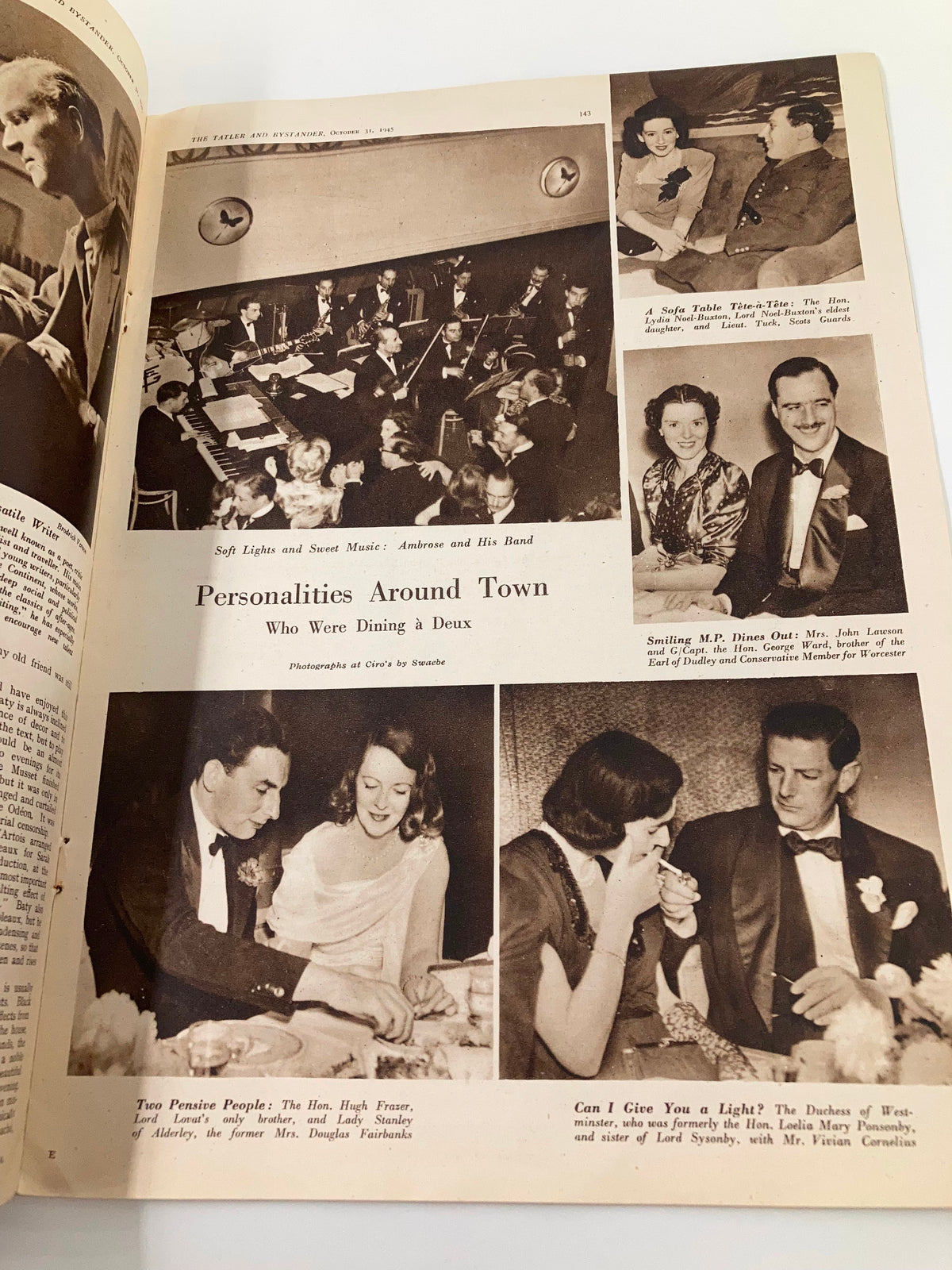 Page from The Tatler and Bystander Magazine, October 31, 1945, featuring 'Personalities Around Town' showcasing various individuals dining. The images highlight the ambiance of post-war social gatherings.