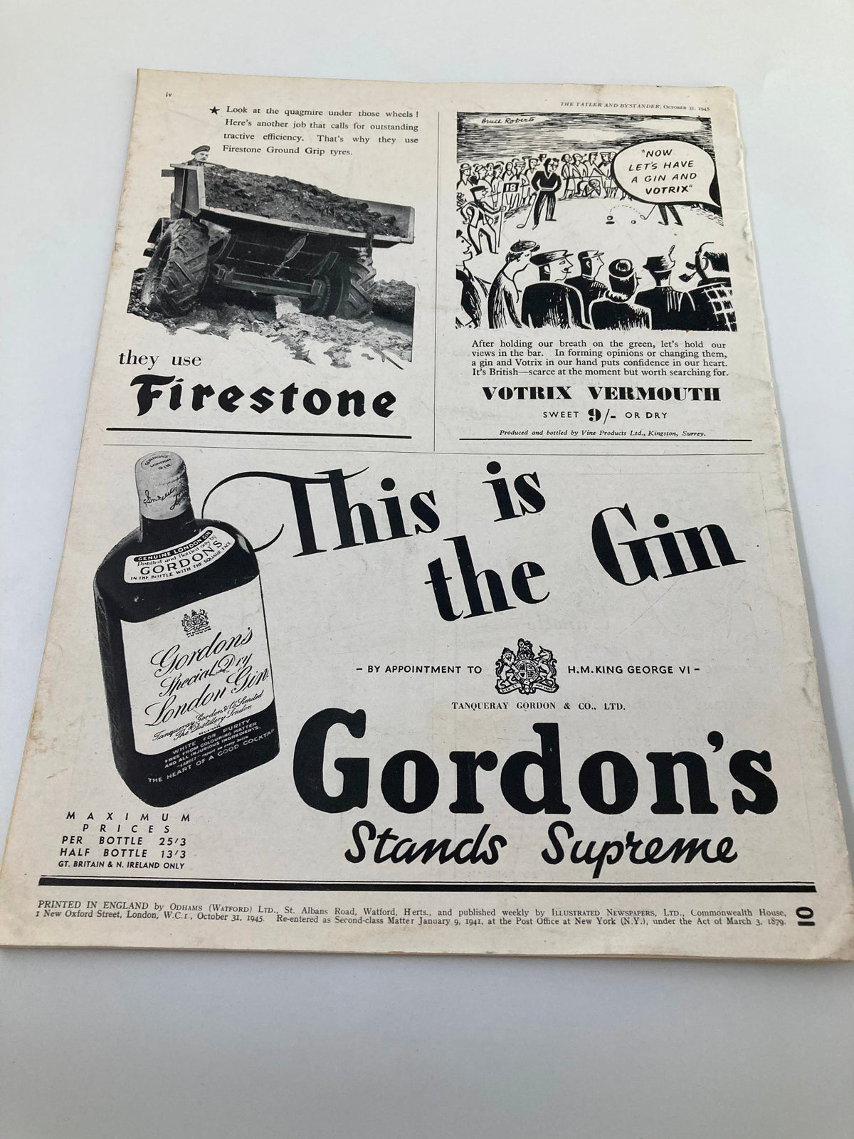Advertisement page in The Tatler and Bystander Magazine, October 31, 1945, promoting Gordon's Gin and Firestone tyres. The content reflects post-war consumer culture and promotional styles of the era.