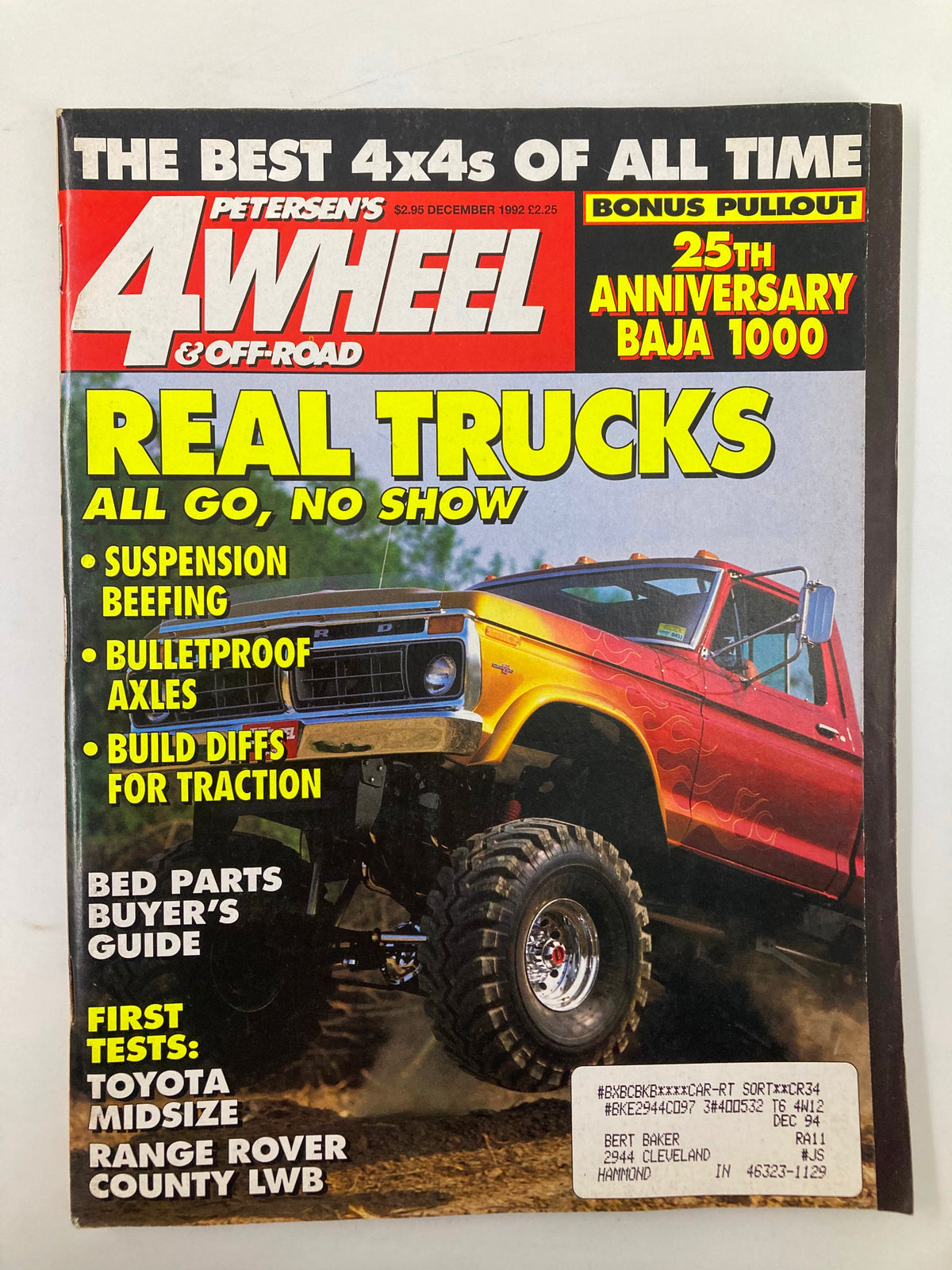 Petersen's 4 Wheel & Off-Road Magazine December 1992 cover featuring a bright red truck with bold text 'REAL TRUCKS ALL GO, NO SHOW' showcasing off-road culture.
