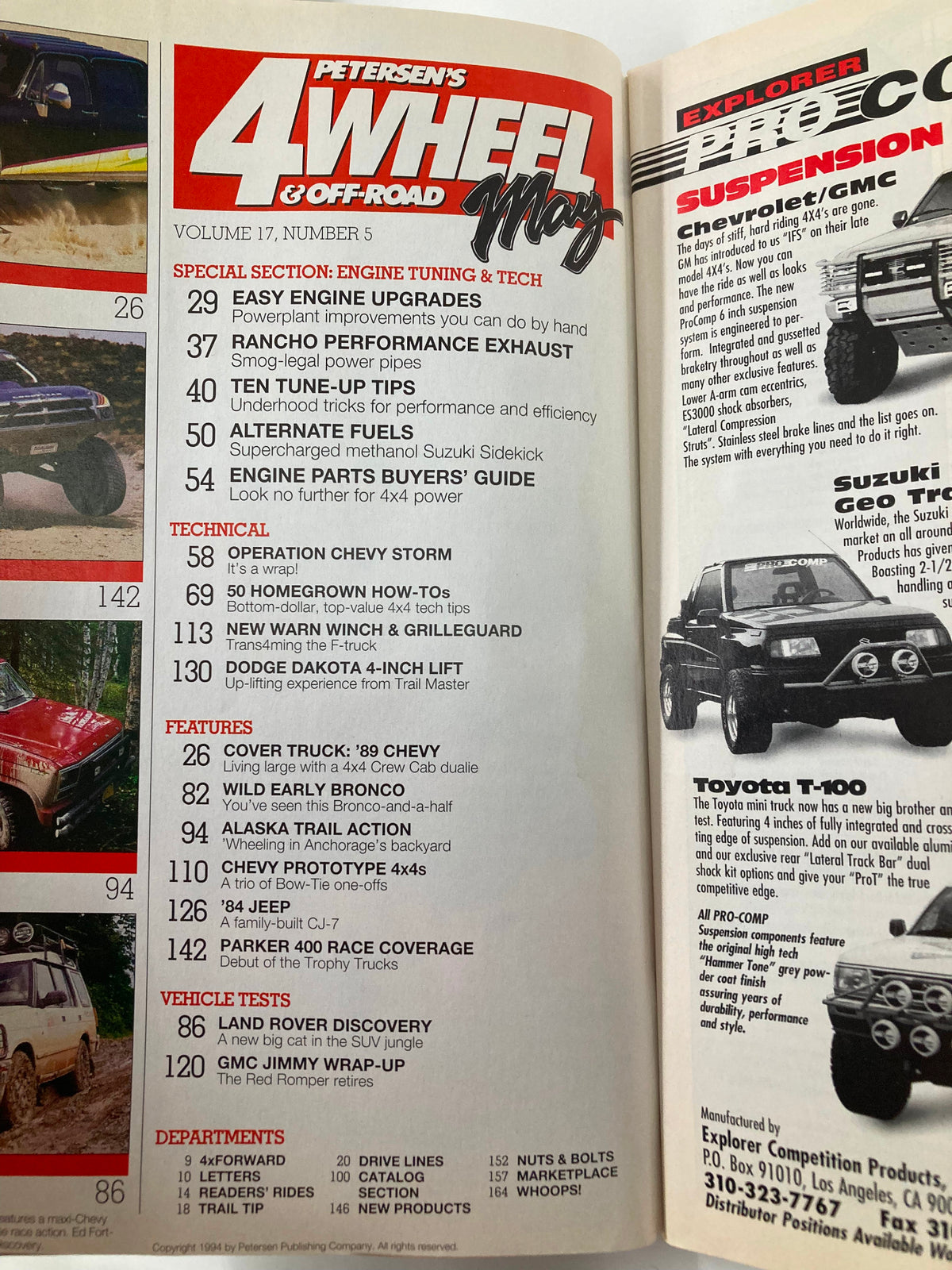 Interior page of Petersen's 4 Wheel & Off-Road Magazine May 1994, showcasing the table of contents with topics on engine upgrades and off-road vehicle features.