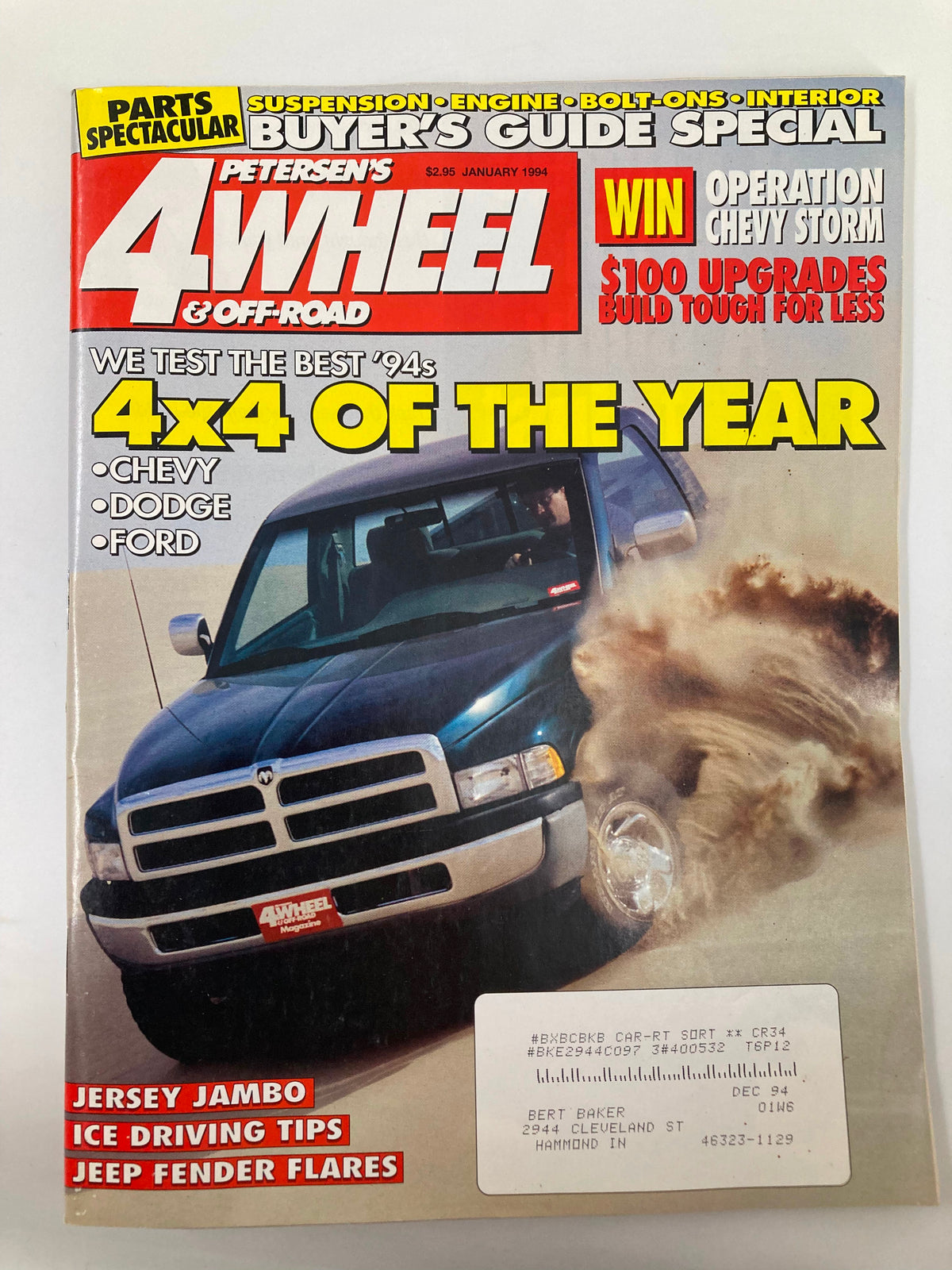 Cover of Petersen's 4 Wheel & Off-Road Magazine January 1994, showcasing Jeep Fender Flares and featuring a Dodge truck in action with details about 4x4 vehicles and off-road tips.