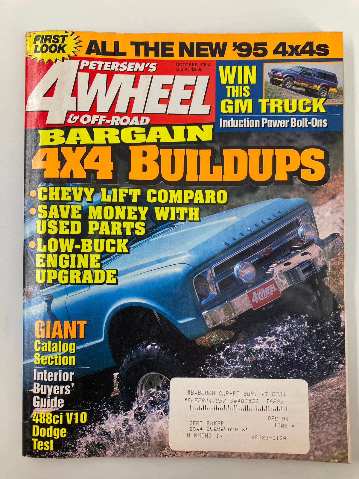 Petersen's 4 Wheel & Off-Road Magazine October 1994 cover featuring 'Bargain 4x4 Buildups' with a blue vehicle splashing through water, showcasing budget-friendly off-road vehicle modifications.