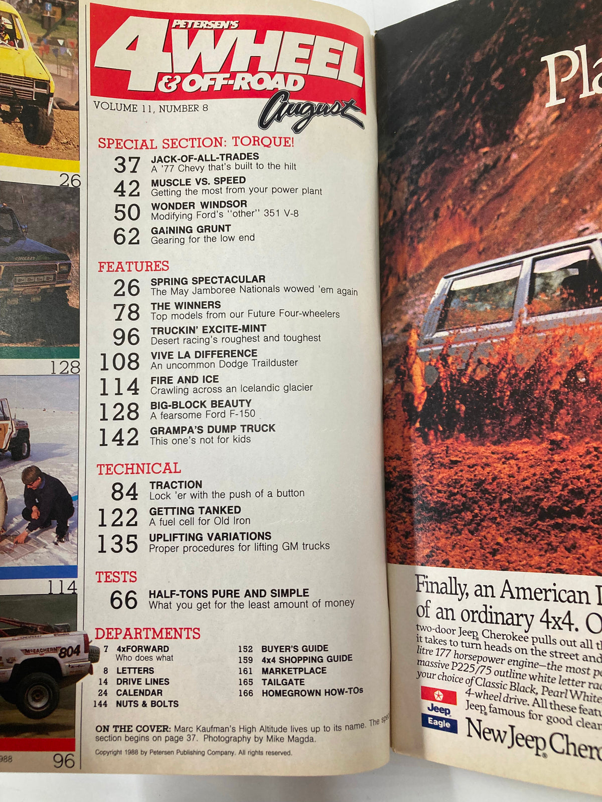 Inside page of Petersen's 4 Wheel & Off-Road Magazine August 1988 revealing table of contents, including special features and articles related to off-road vehicles.