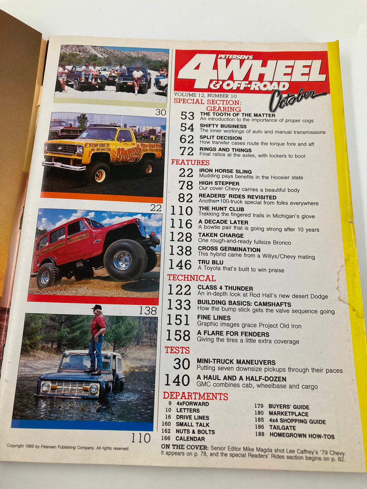 Table of contents from Petersen's 4 Wheel & Off-Road Magazine October 1989, detailing articles on custom trucks, off-road techniques, and features from the issue.