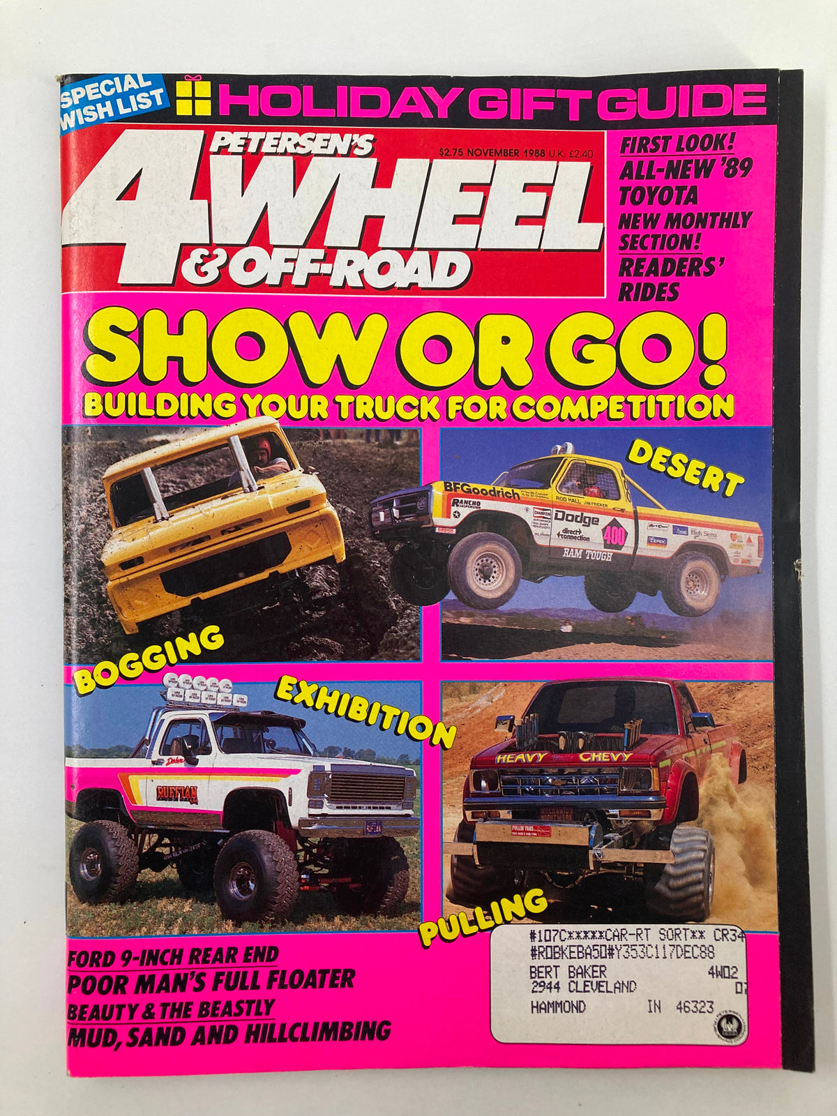 Cover of Petersen's 4 Wheel & Off-Road Magazine, November 1988, featuring the title 'Show or Go! Building Your Truck for Competition' with colorful graphics highlighting truck performance and off-roading activities.